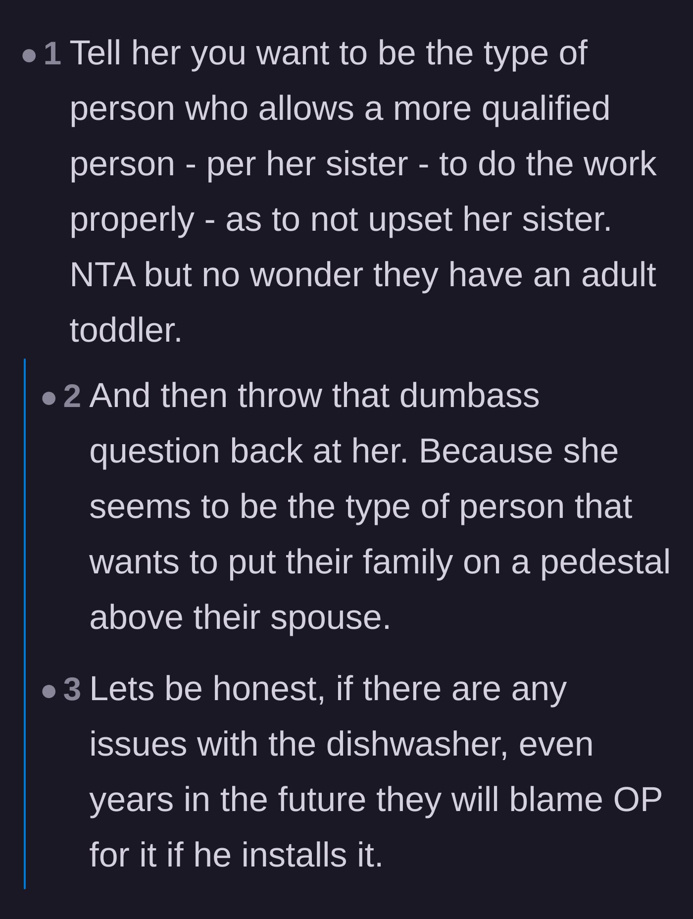 Comment thread 3 - Pointing out that if the main character installs the appliance, he will be blamed for any future malfunctions.