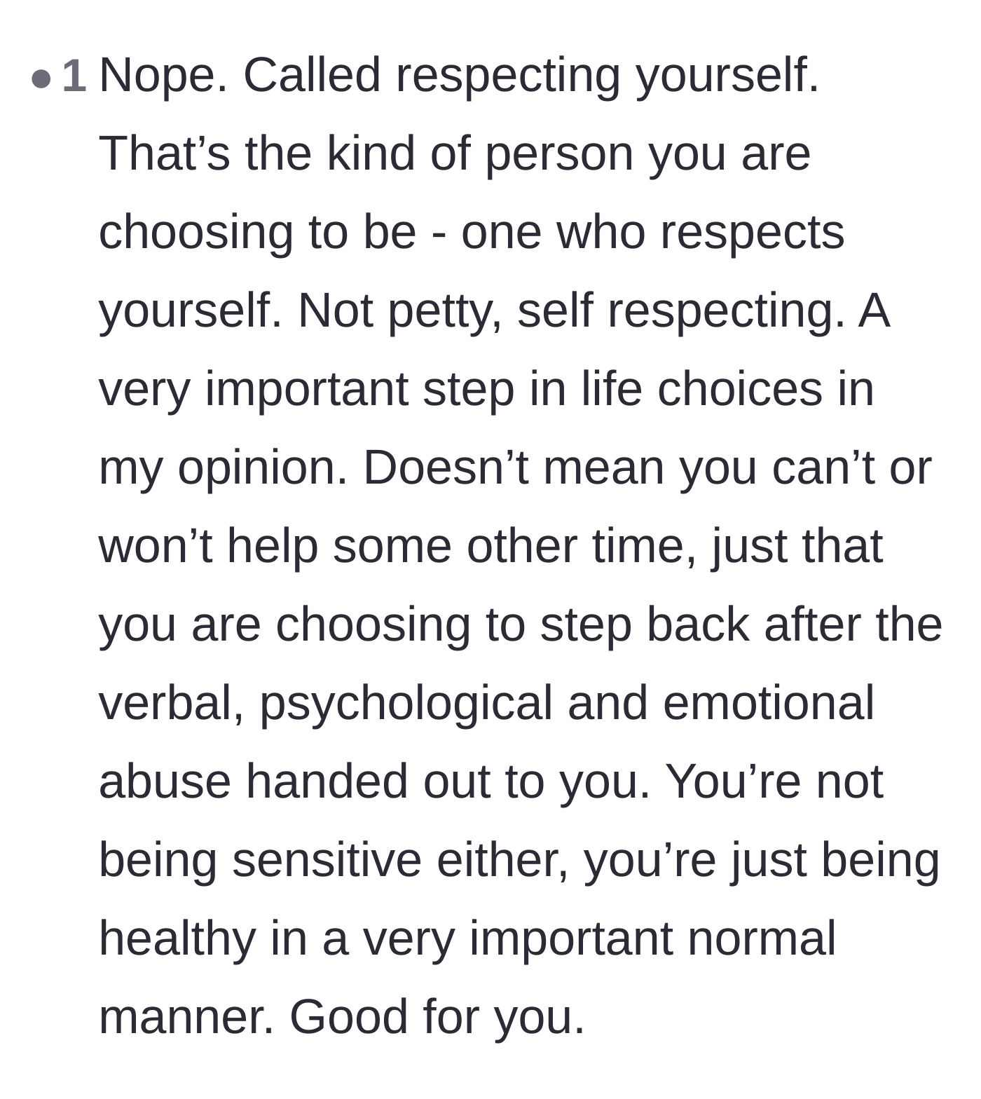 Comment thread 4 - Reclassifying the husband's refusal to help as a healthy exercise in self-respect rather than pettiness.