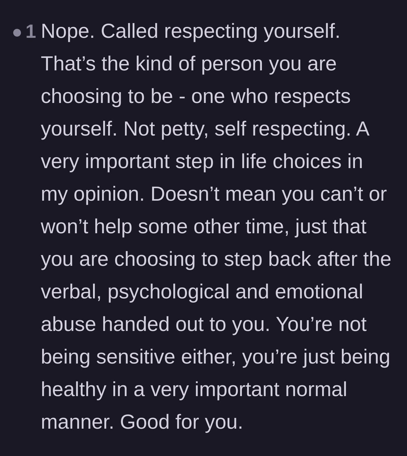 Comment thread 4 - Reclassifying the husband's refusal to help as a healthy exercise in self-respect rather than pettiness.