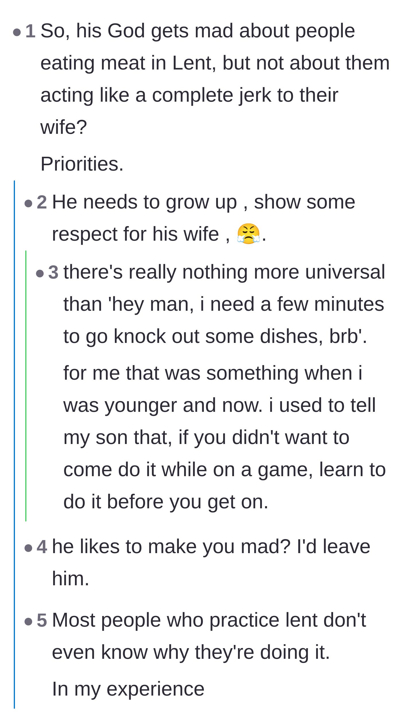 Comment thread discussing the hypocrisy of the husband strictly following Lent rules while treating his wife poorly.