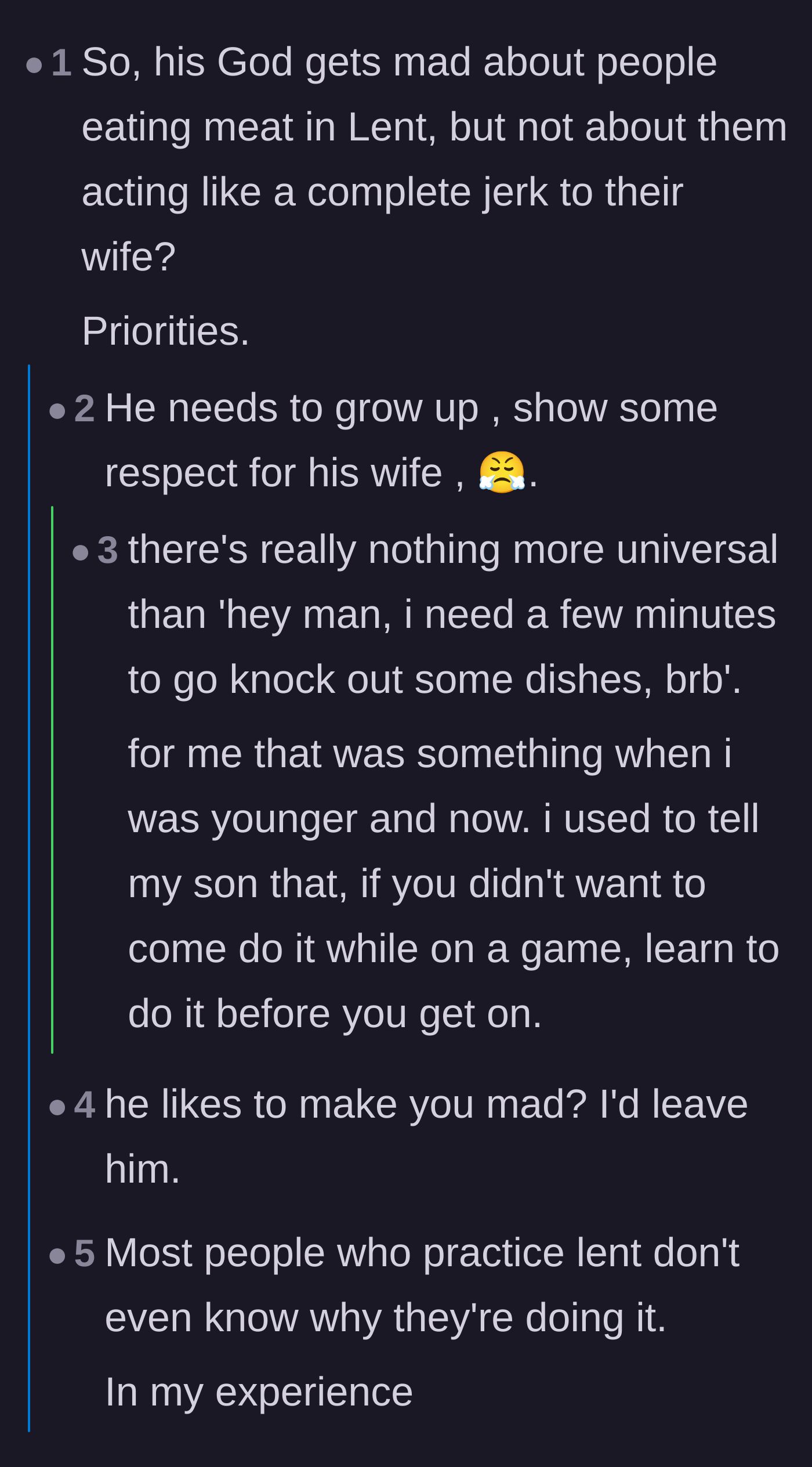Comment thread discussing the hypocrisy of the husband strictly following Lent rules while treating his wife poorly.