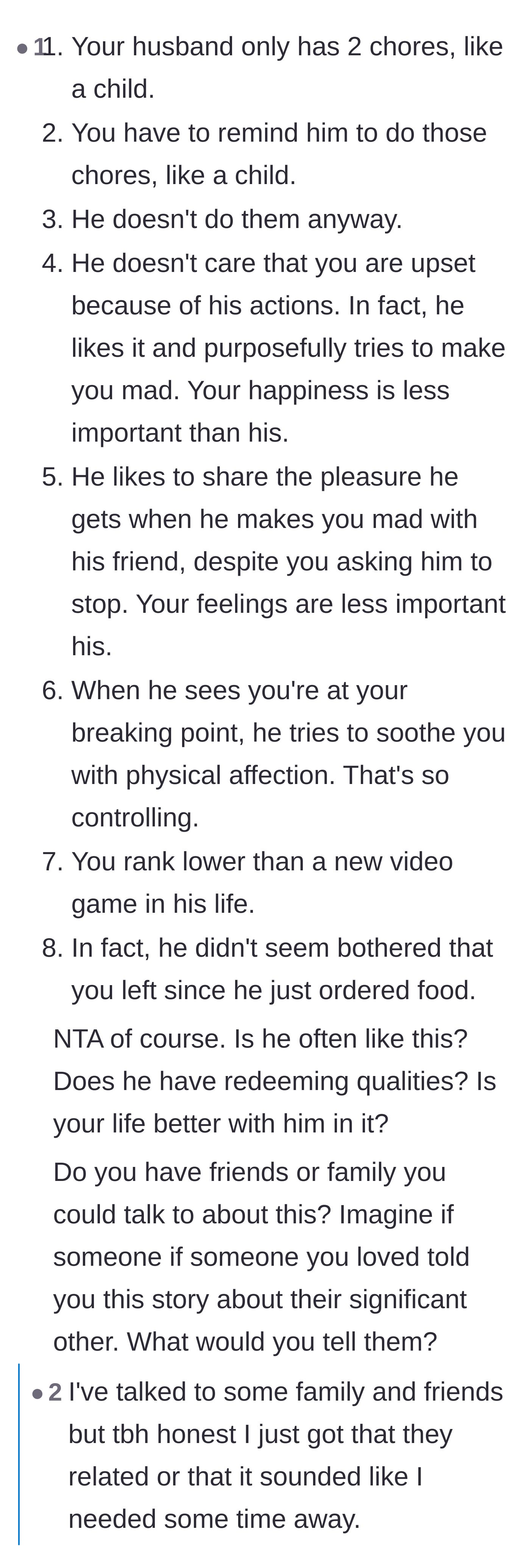 Comment thread breaking down the husband's disrespectful actions step-by-step and reacting to the wife's family brushing off her concerns.