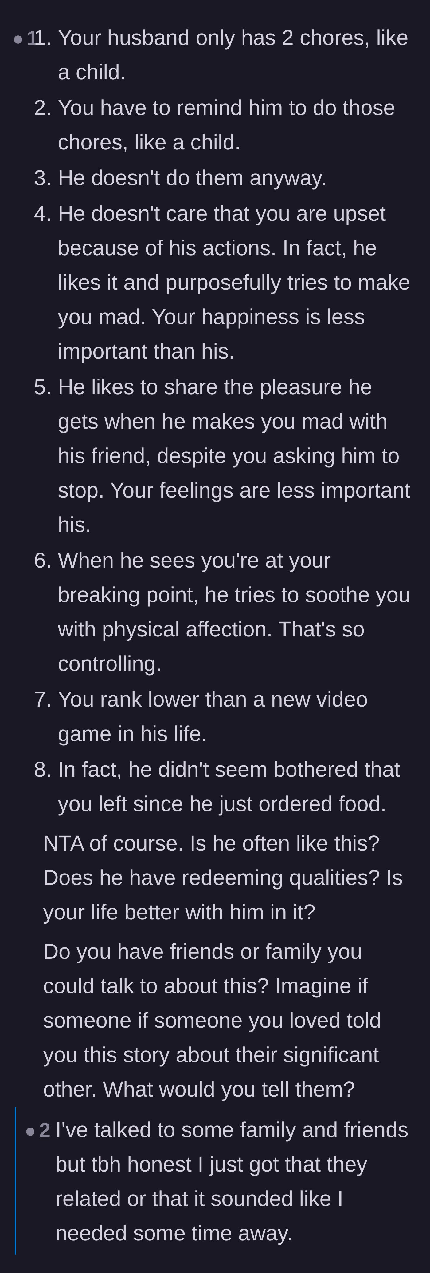 Comment thread breaking down the husband's disrespectful actions step-by-step and reacting to the wife's family brushing off her concerns.