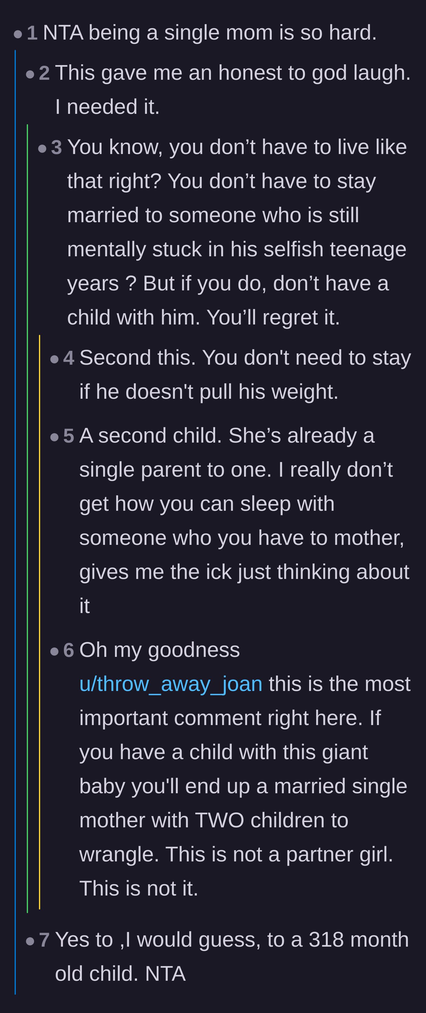 Comment thread jokingly calling the wife a single mom to her husband and heavily warning her not to have actual children with him.