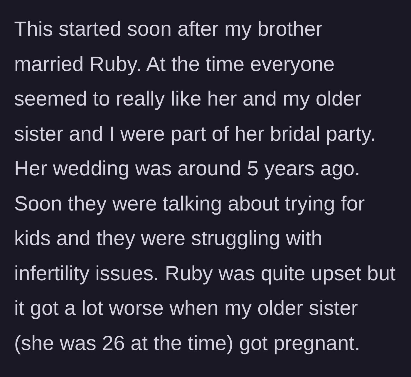 Story part 1 - A brief timeline of the sister-in-law's infertility struggles and the beginning of her resentment toward the older sister.