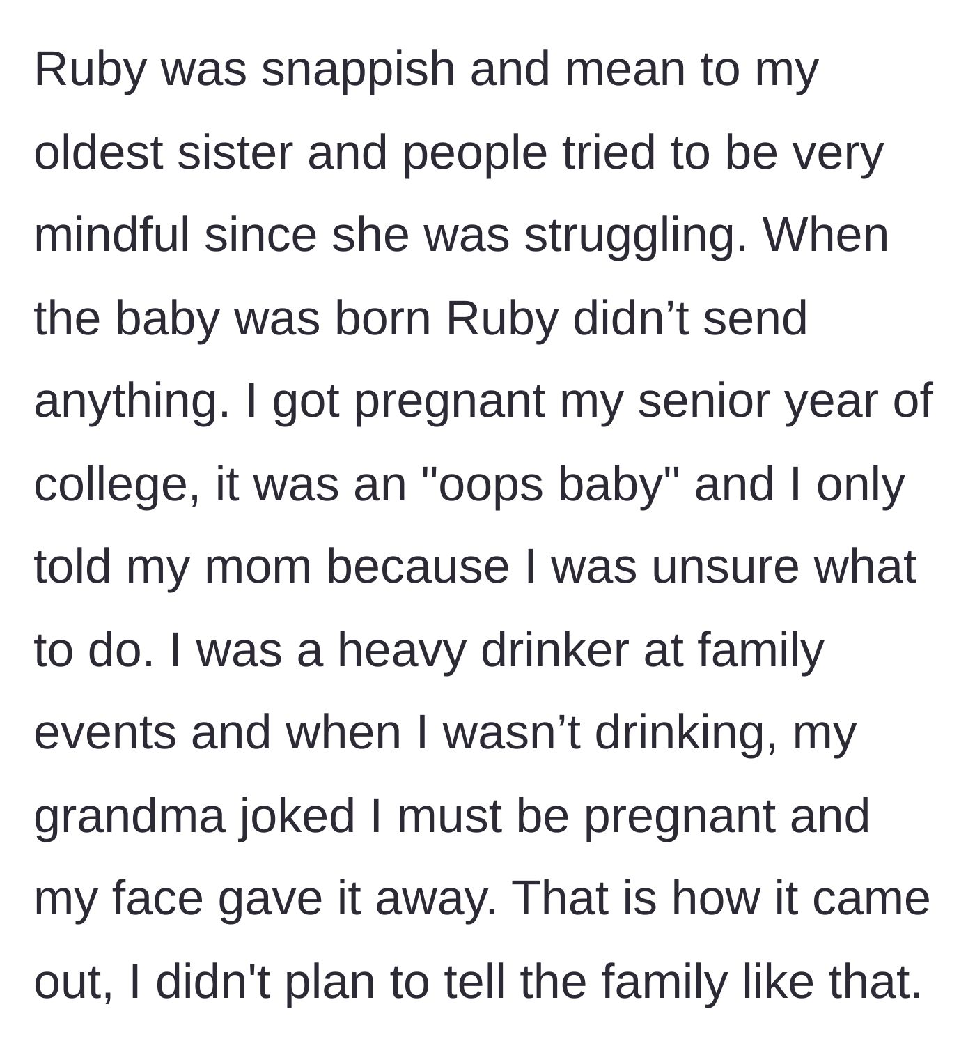 Story part 2 - The main character unexpectedly gets pregnant in college and the family finds out through a grandmother's joke.