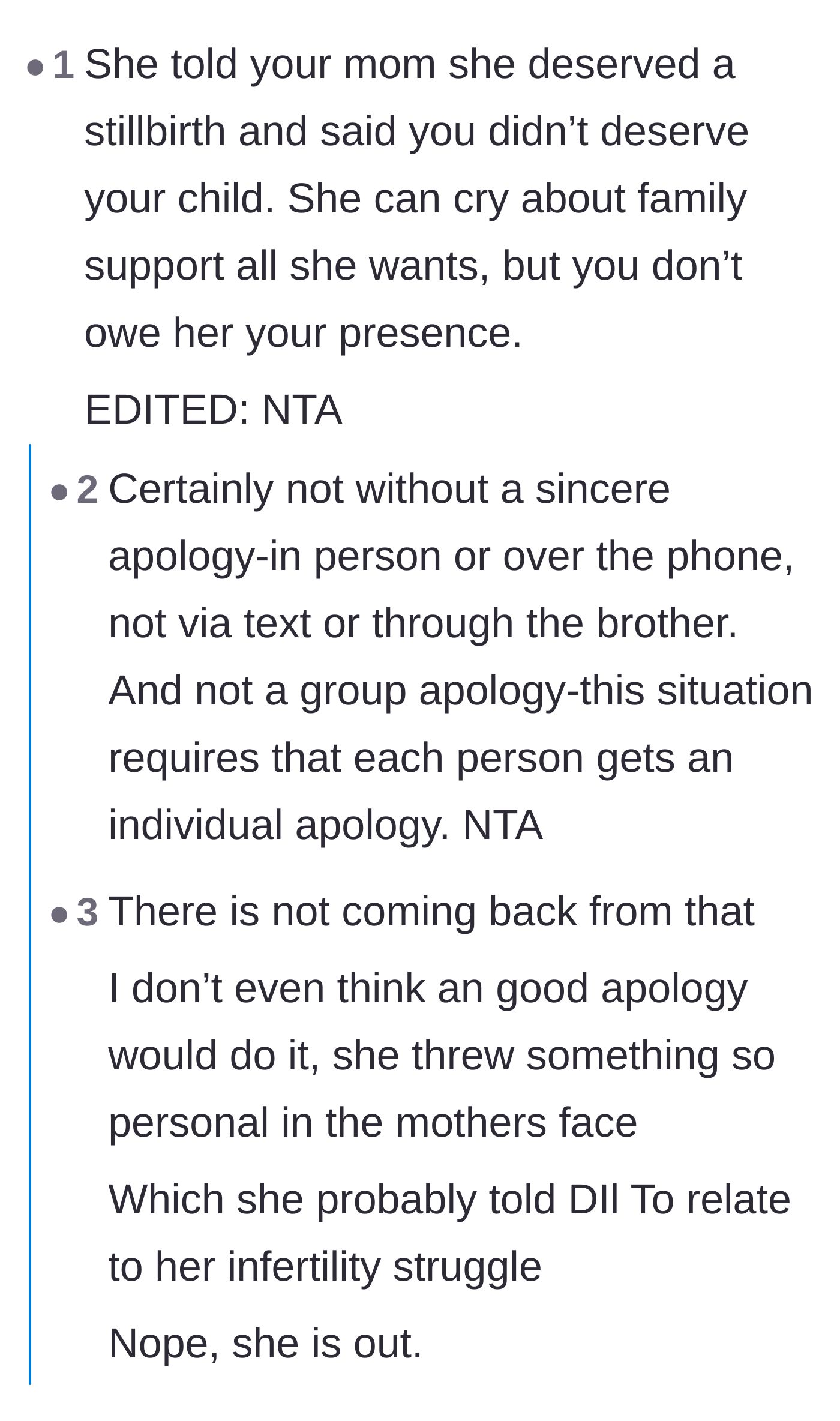 Comment thread 1 - Discussing how the sister-in-law's horrific comments about the mother's stillbirth destroy any obligation to support her now.