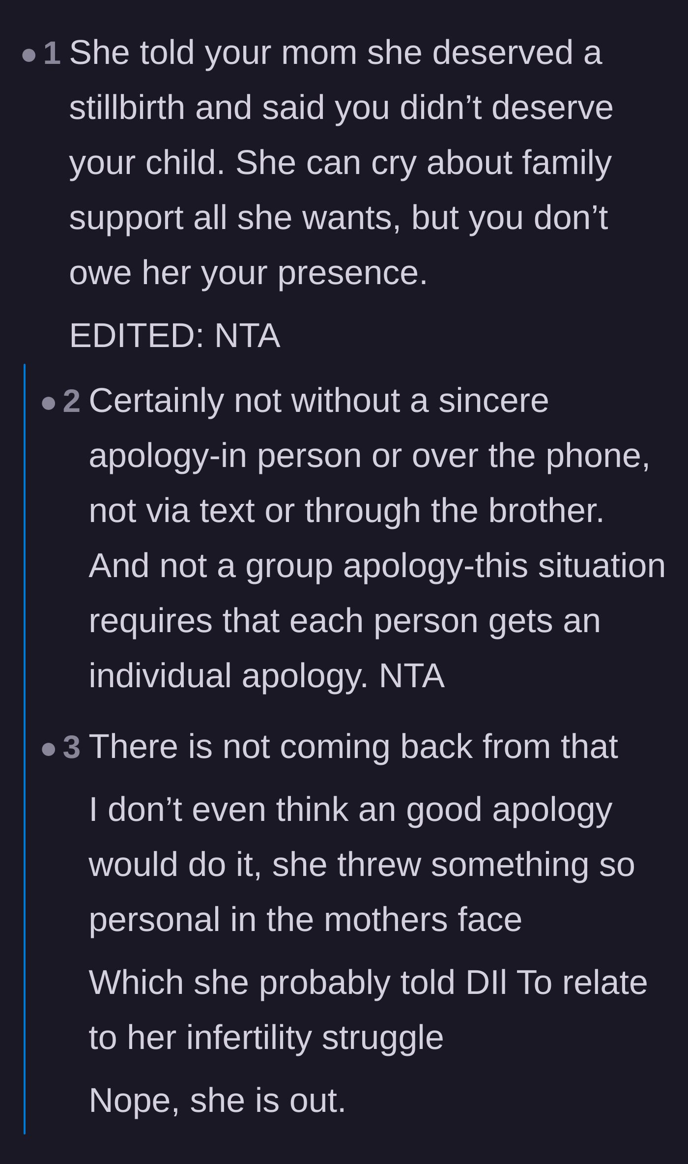 Comment thread 1 - Discussing how the sister-in-law's horrific comments about the mother's stillbirth destroy any obligation to support her now.