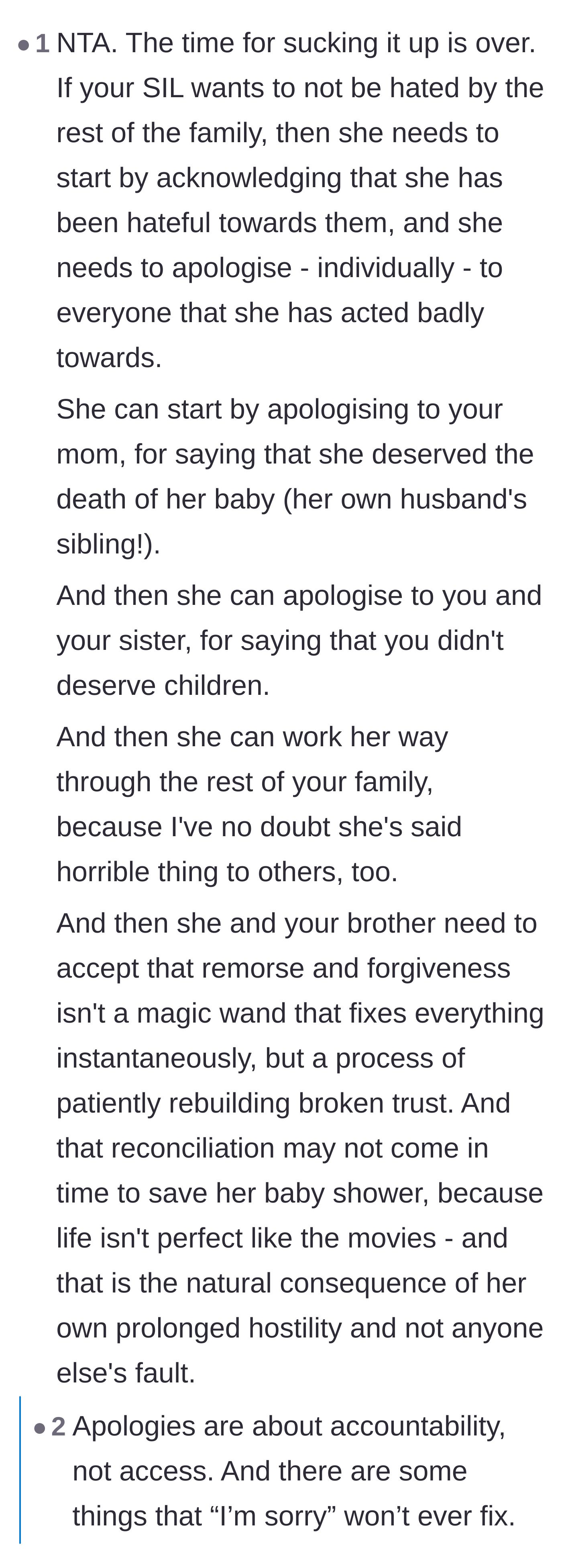 Comment thread 3 - Outlining the extensive, individual apologies the sister-in-law owes the family and explaining that forgiveness is a slow process.