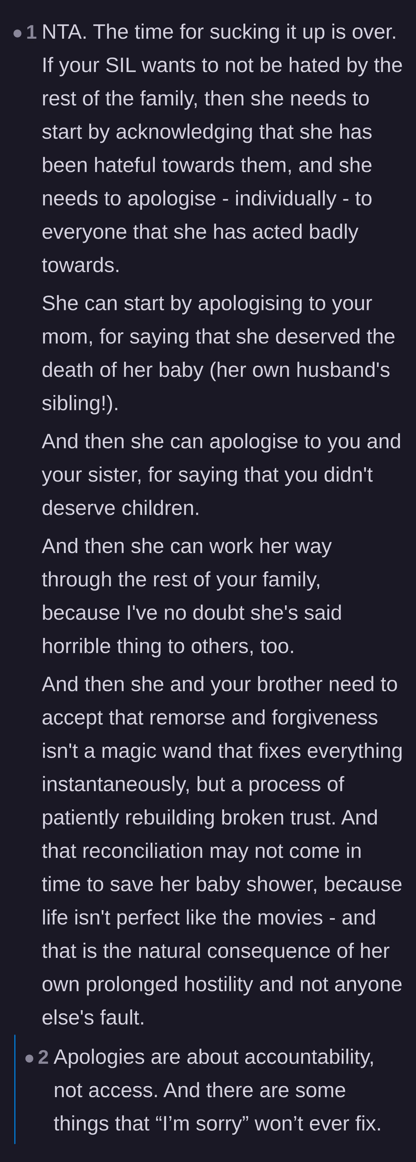 Comment thread 3 - Outlining the extensive, individual apologies the sister-in-law owes the family and explaining that forgiveness is a slow process.