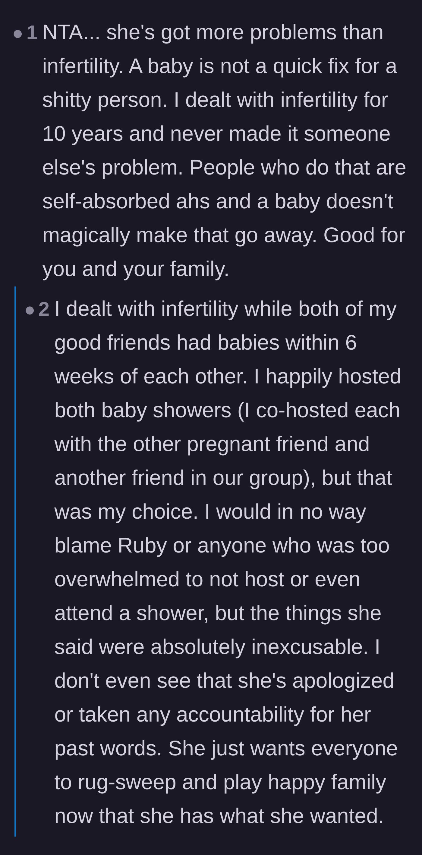 Comment thread 4 - A reader sharing their own infertility struggles to emphasize that grief does not excuse abusive behavior.