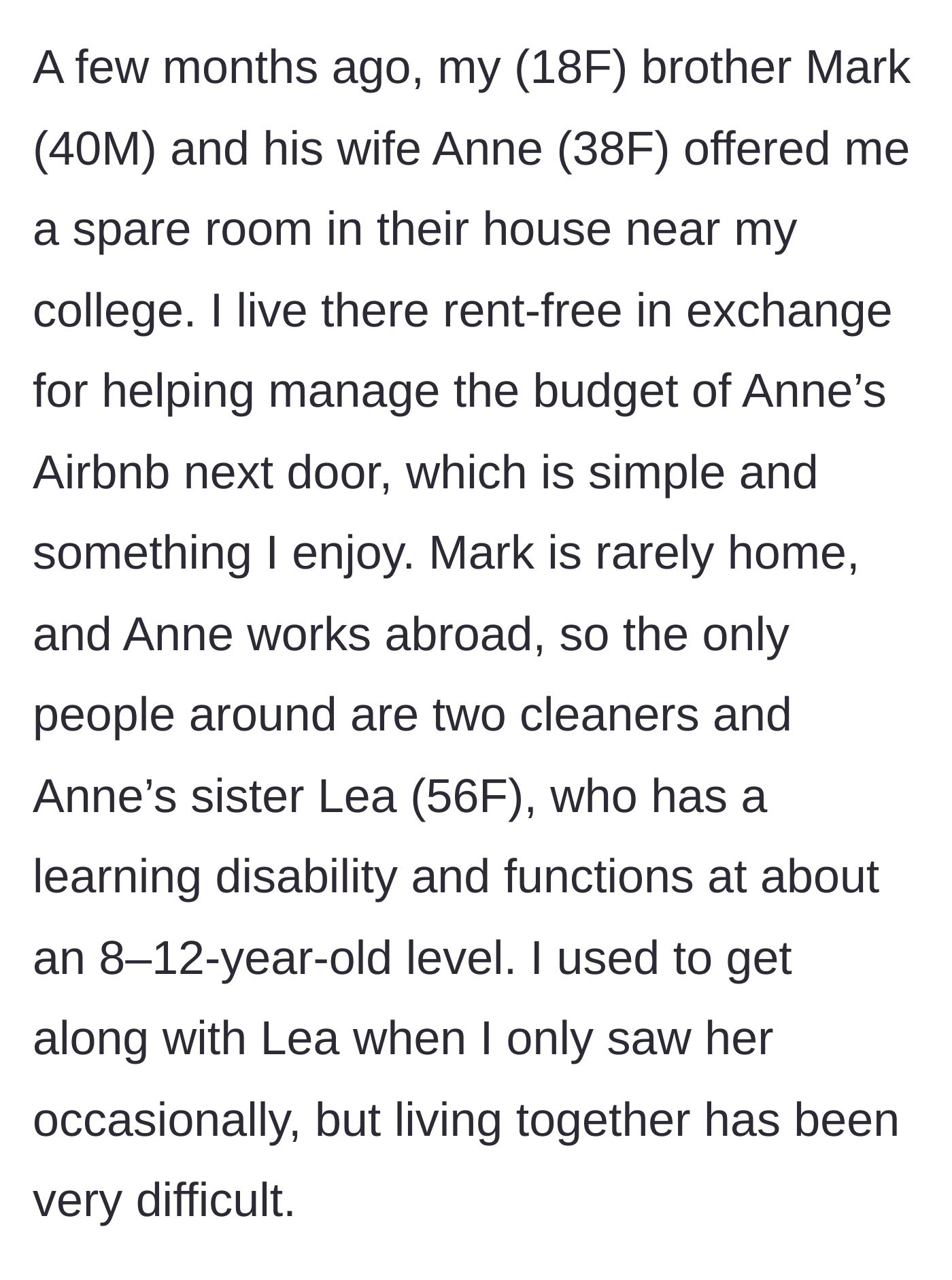 Story part 1 - A teenager explaining her living arrangement, doing accounting work for her older brother and sister-in-law in exchange for a room.