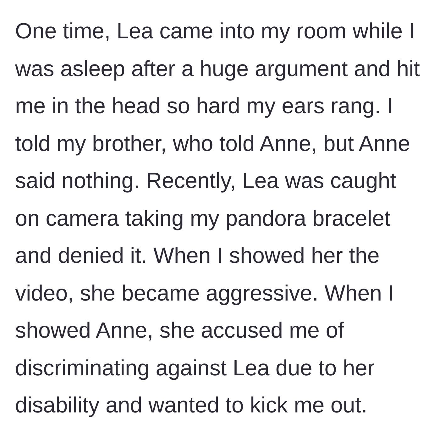 Story part 3 - The teen recounting a physical assault in her sleep and showing camera footage of a stolen bracelet to her sister-in-law, who responds by threatening eviction.