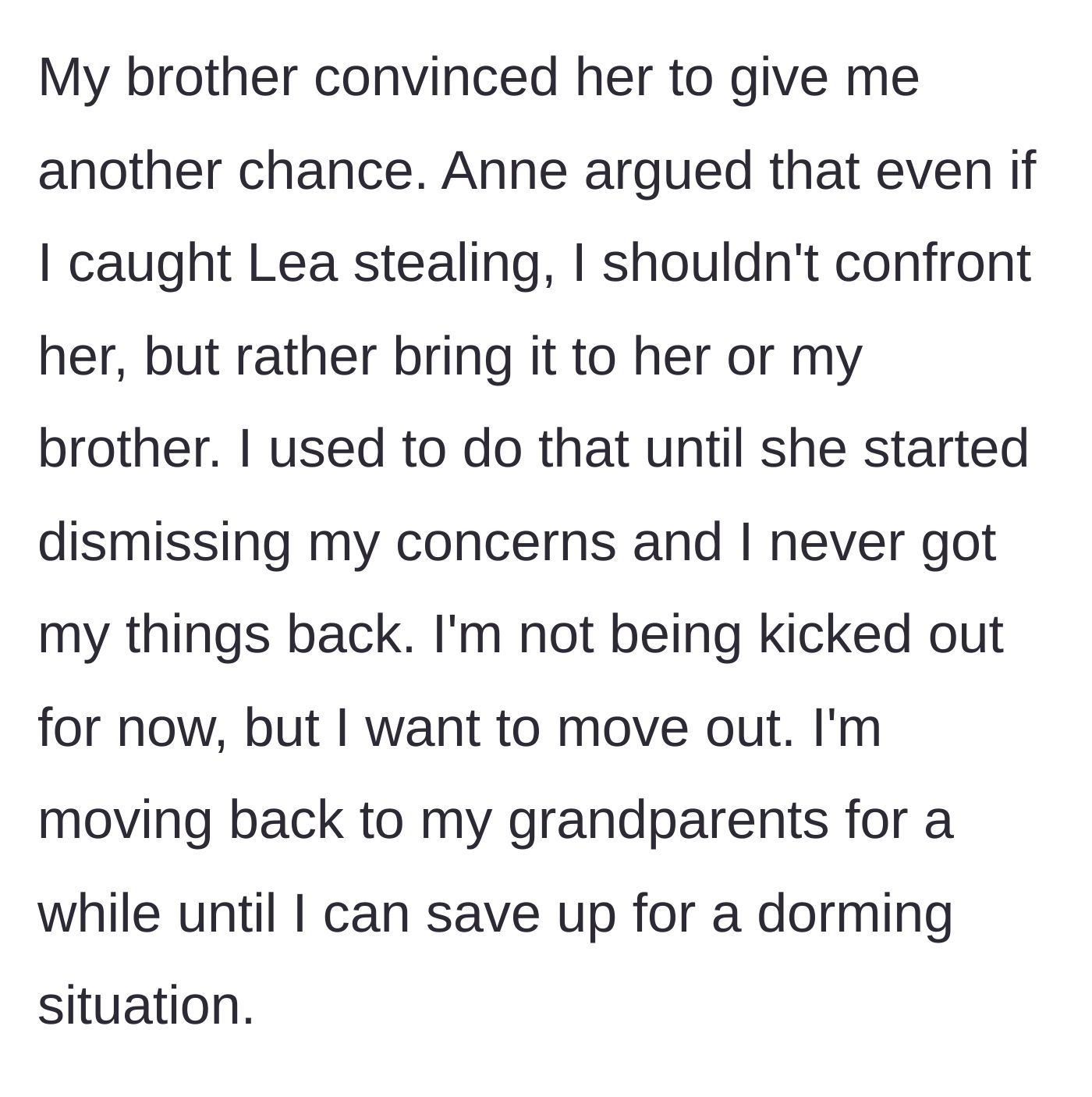 Story part 4 - The sister-in-law demanding the teen stop confronting the thief, prompting the teen to finally plan her escape to her grandparents' house.