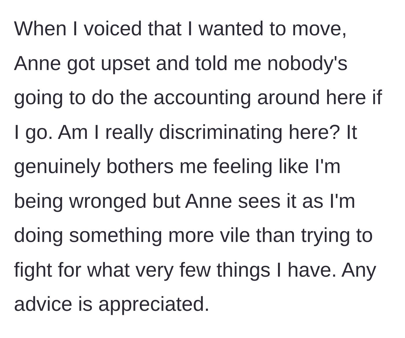 Story part 5 - The sister-in-law getting angry that her free accountant is leaving, leaving the teen questioning if she was in the wrong.