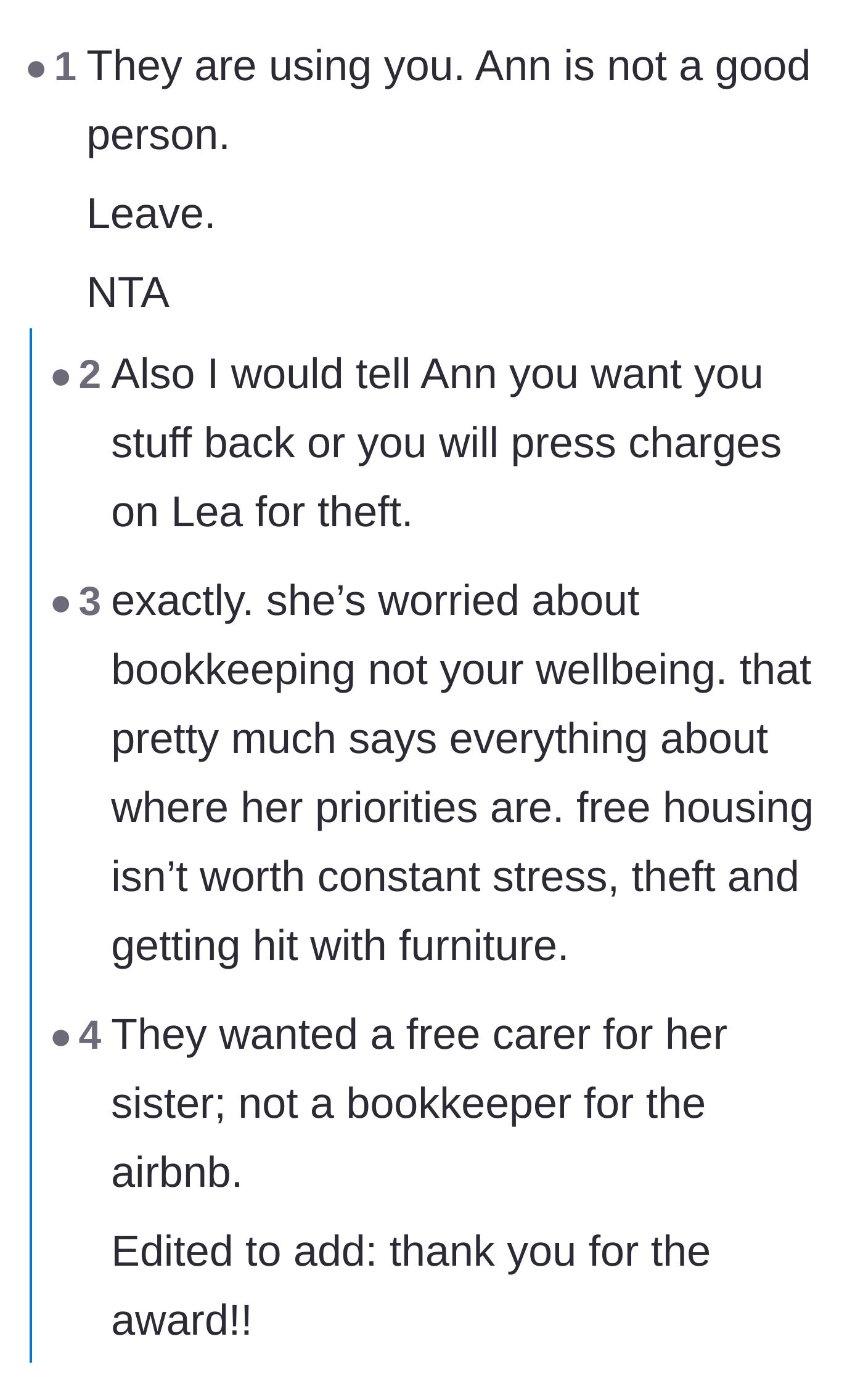 Comment thread 1 - Readers pointing out that the sister-in-law prioritized free labor and caregiving over the teenager's physical safety.