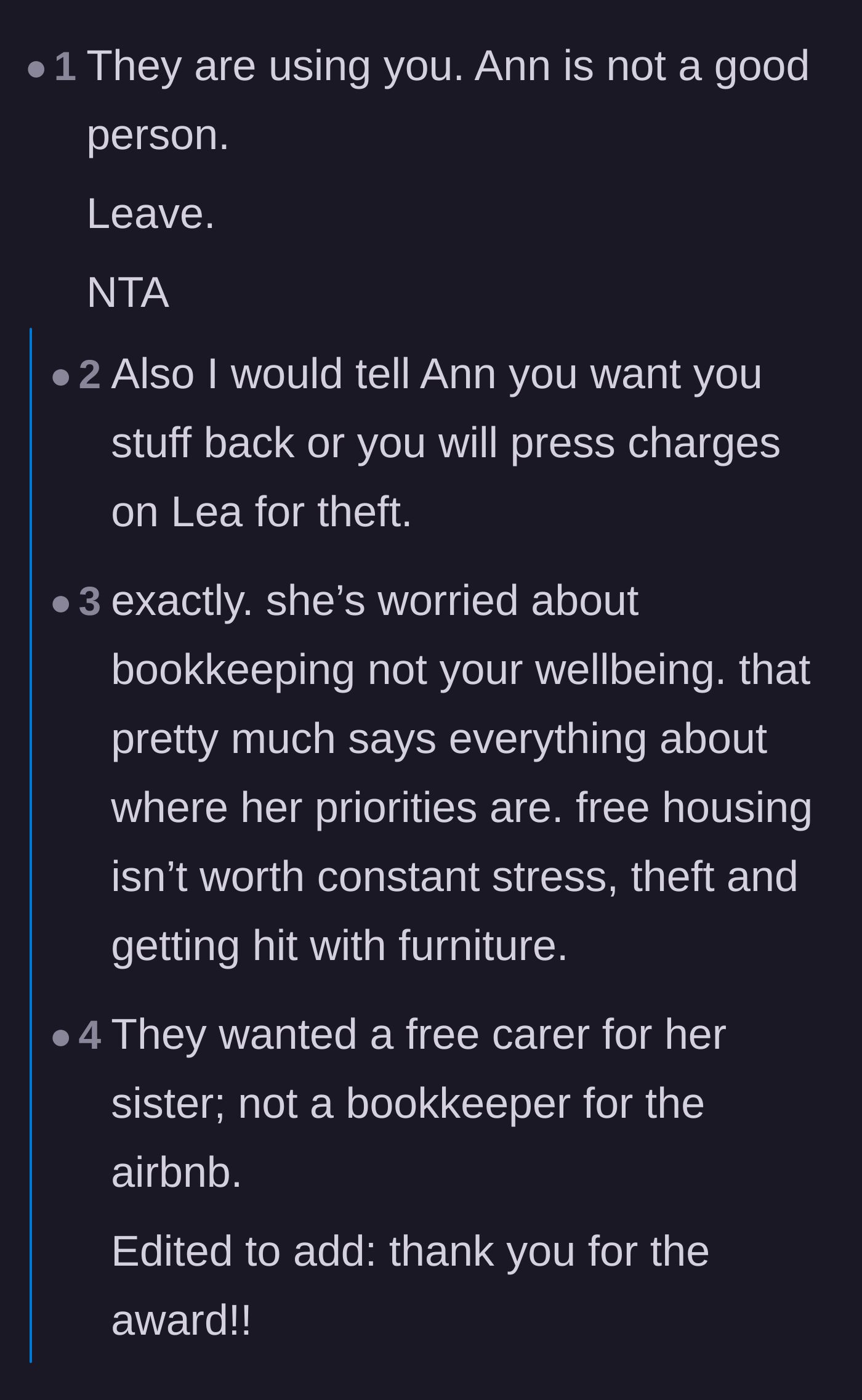 Comment thread 1 - Readers pointing out that the sister-in-law prioritized free labor and caregiving over the teenager's physical safety.