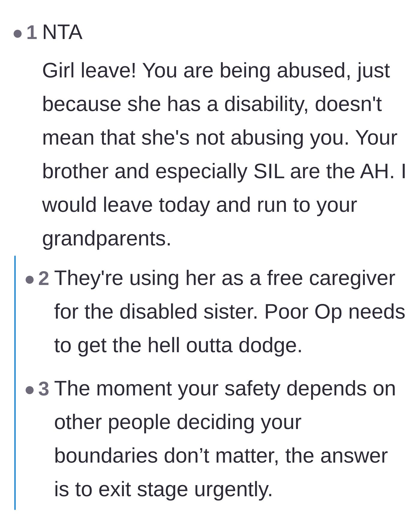Comment thread 2 - Commenters validating that the teenager is experiencing abuse and urging her to escape to her grandparents immediately.