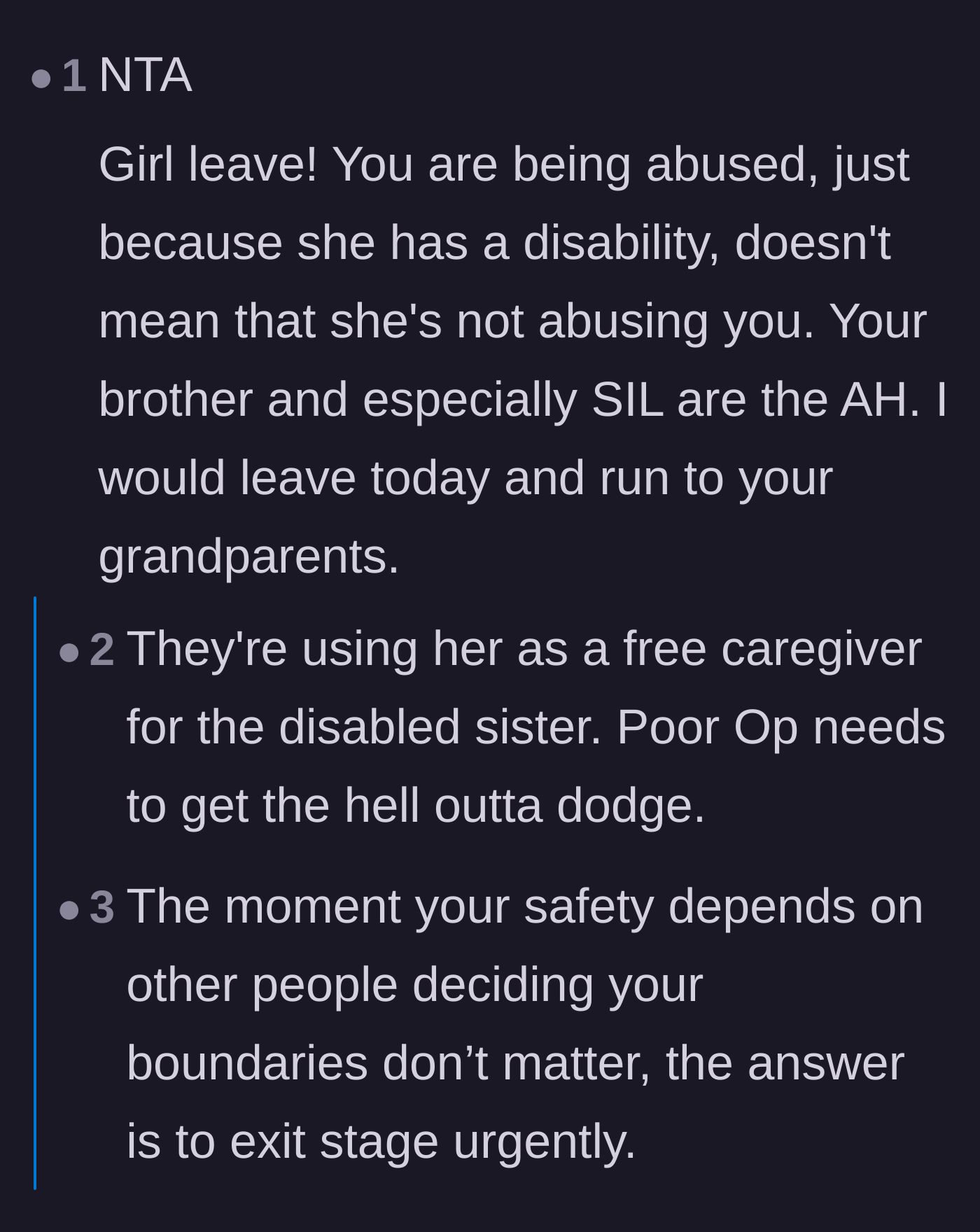 Comment thread 2 - Commenters validating that the teenager is experiencing abuse and urging her to escape to her grandparents immediately.