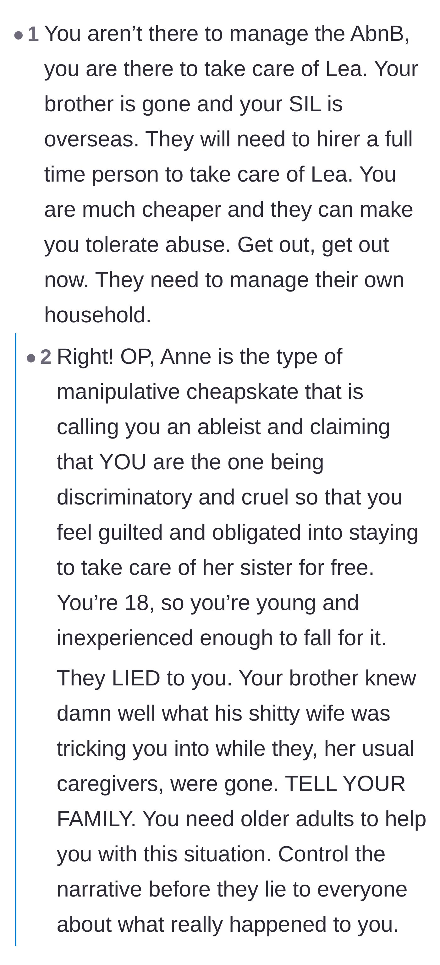 Comment thread 3 - Advice for the teen to warn her extended family about the manipulation before her in-laws twist the narrative.