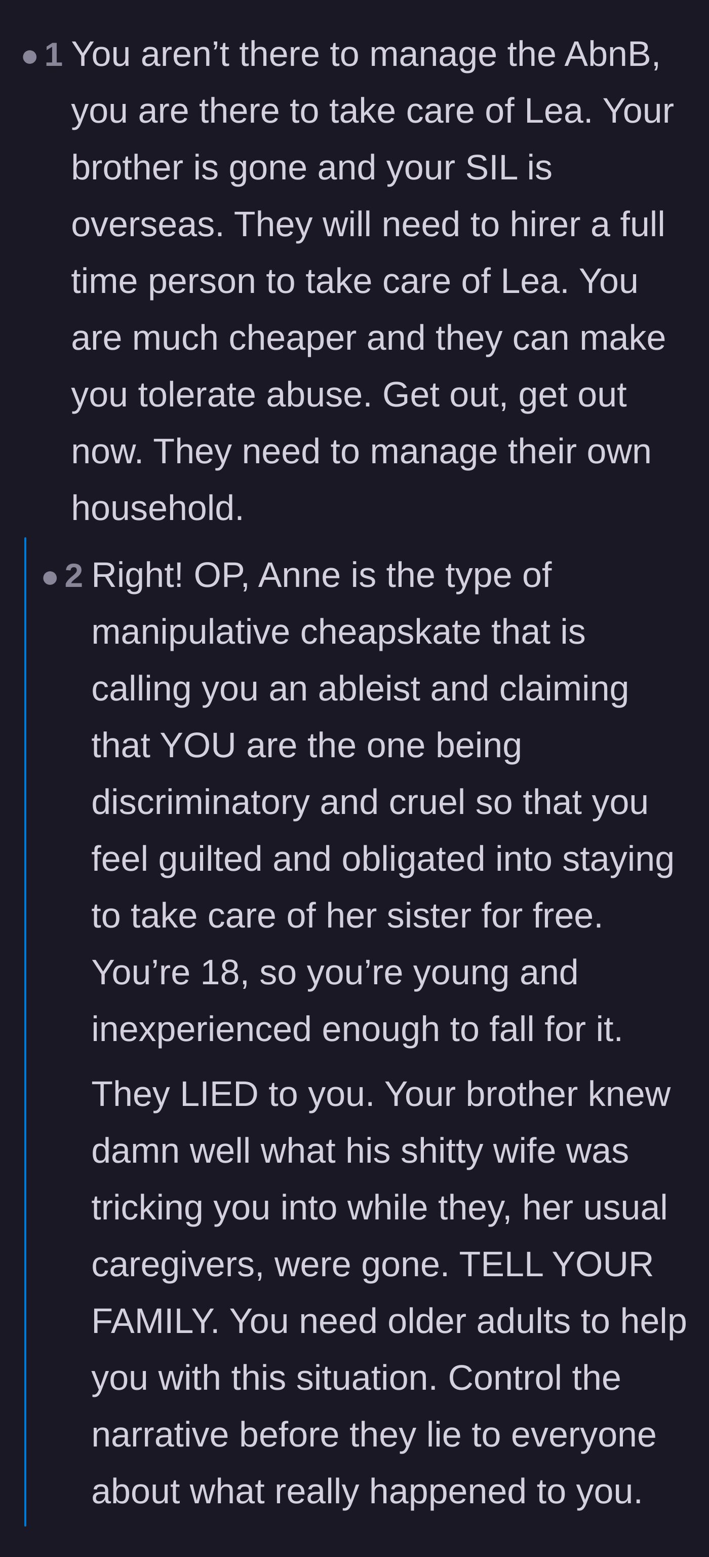 Comment thread 3 - Advice for the teen to warn her extended family about the manipulation before her in-laws twist the narrative.