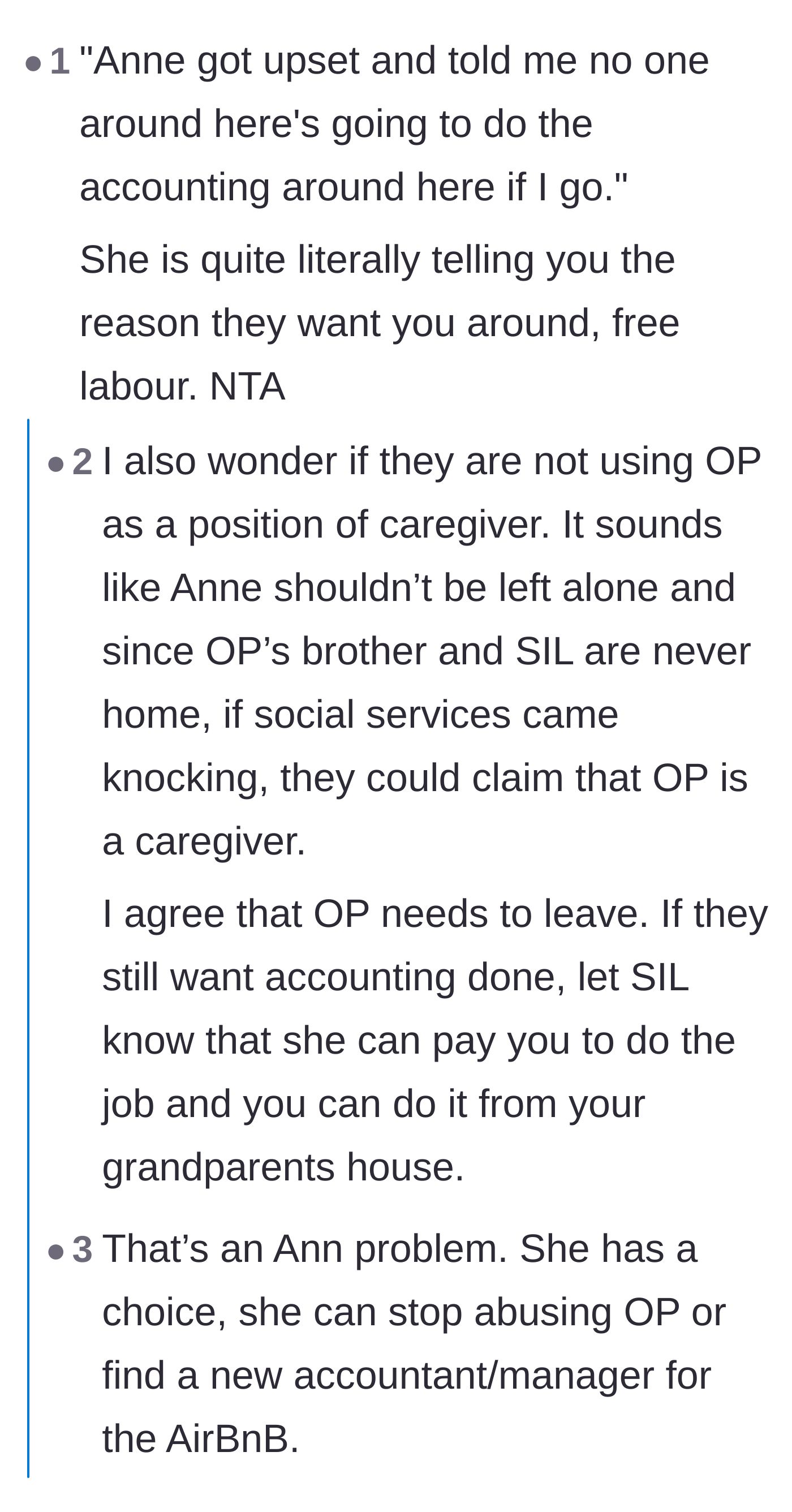 Comment thread 4 - Readers highlighting how the sister-in-law accidentally admitted she only cared about losing her free accountant.