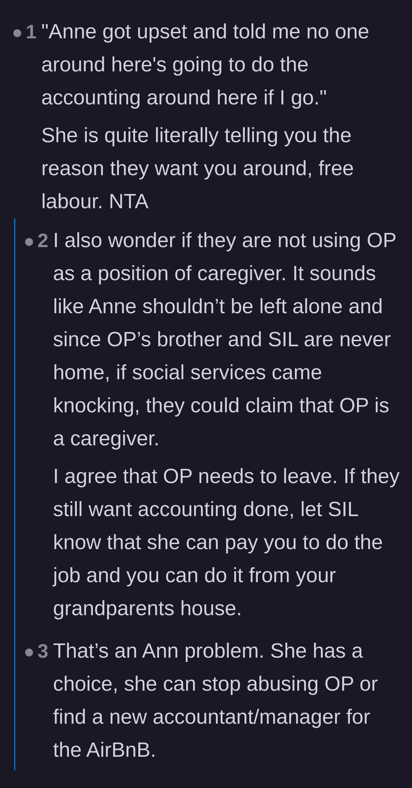 Comment thread 4 - Readers highlighting how the sister-in-law accidentally admitted she only cared about losing her free accountant.