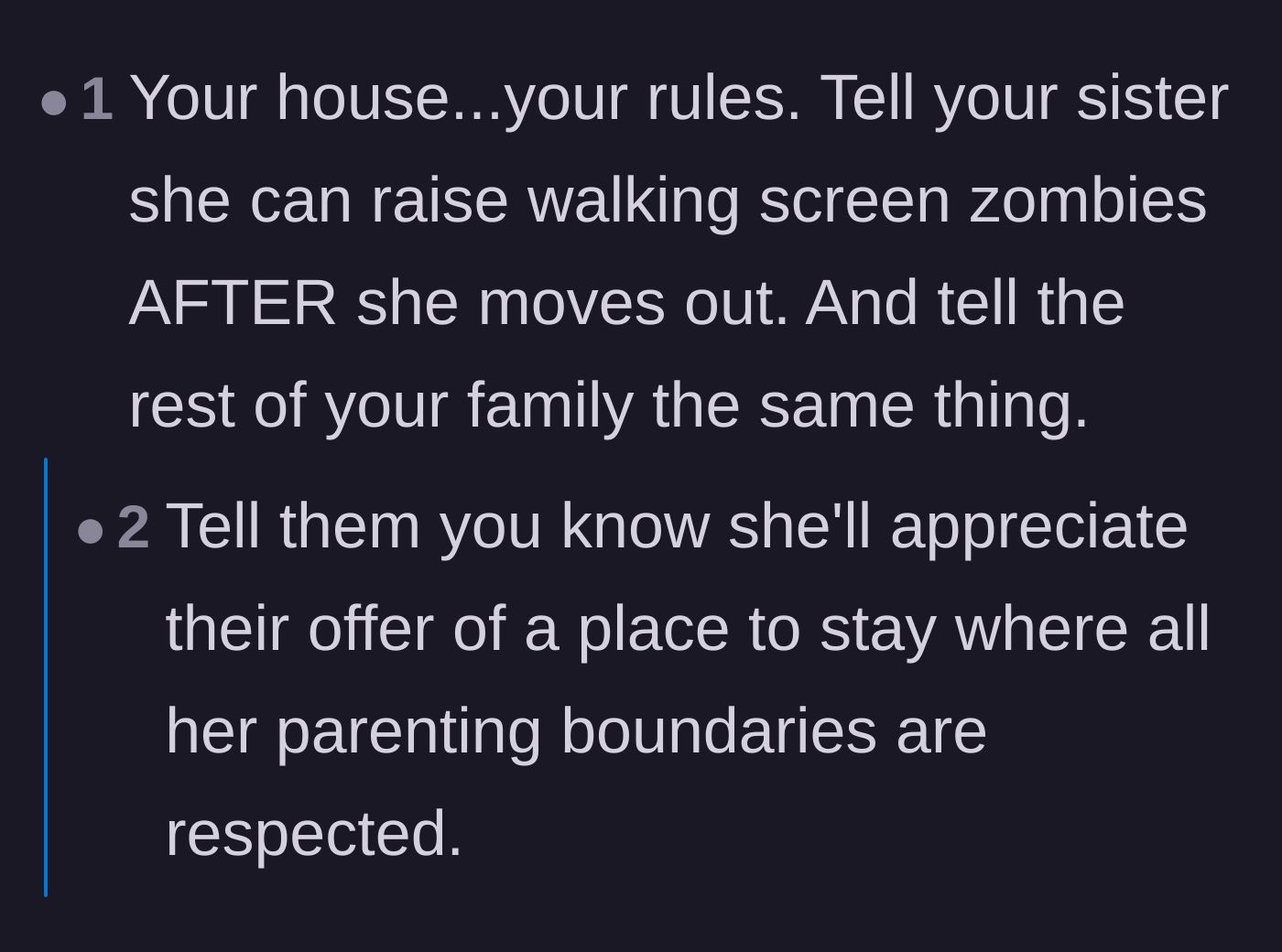 Comment thread 3 - Suggesting the sister pack up and move in with the extended family who demanded the apology.