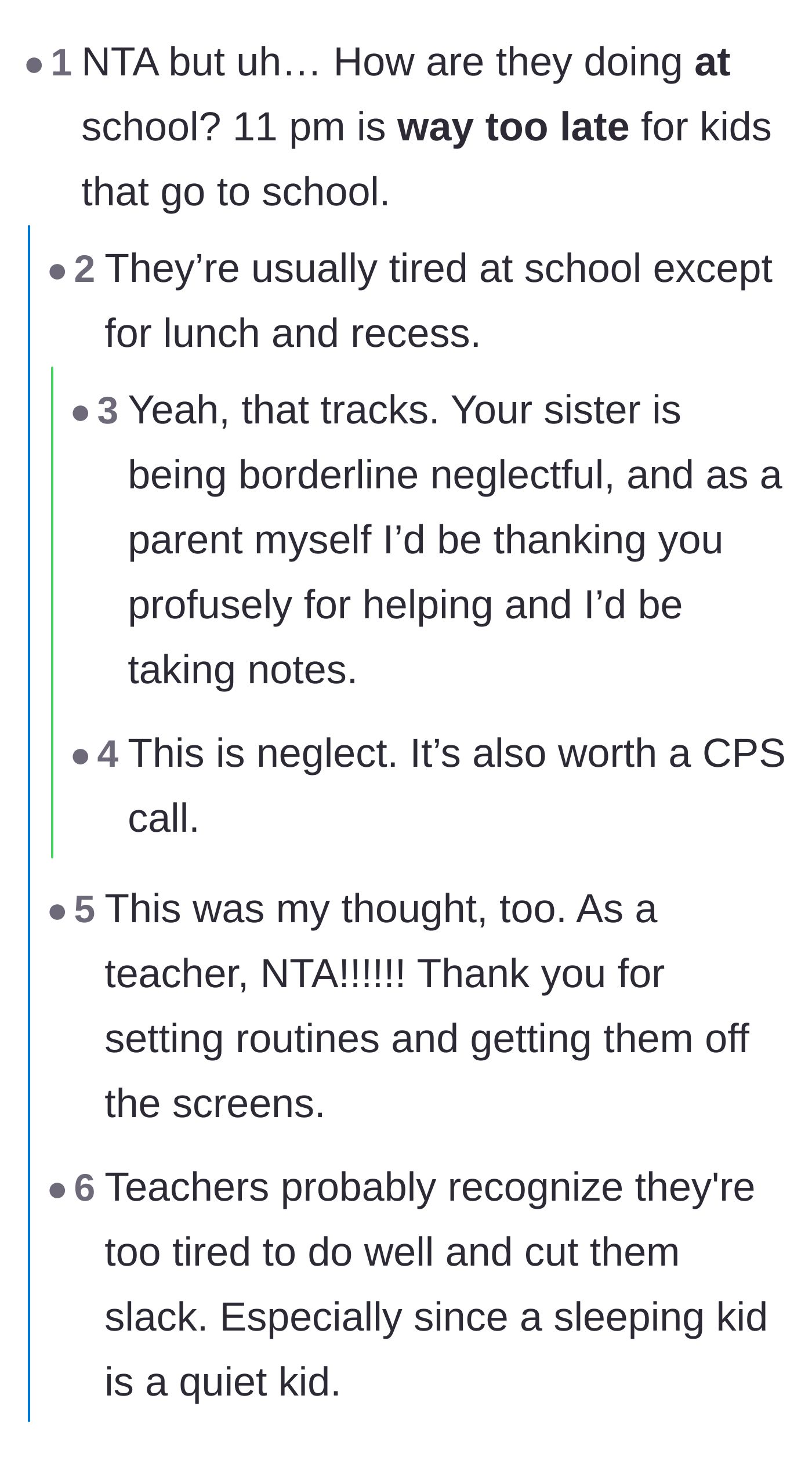 Comment thread 4 - A discussion among teachers and parents about how an 11 PM bedtime is borderline neglectful for school-aged kids.