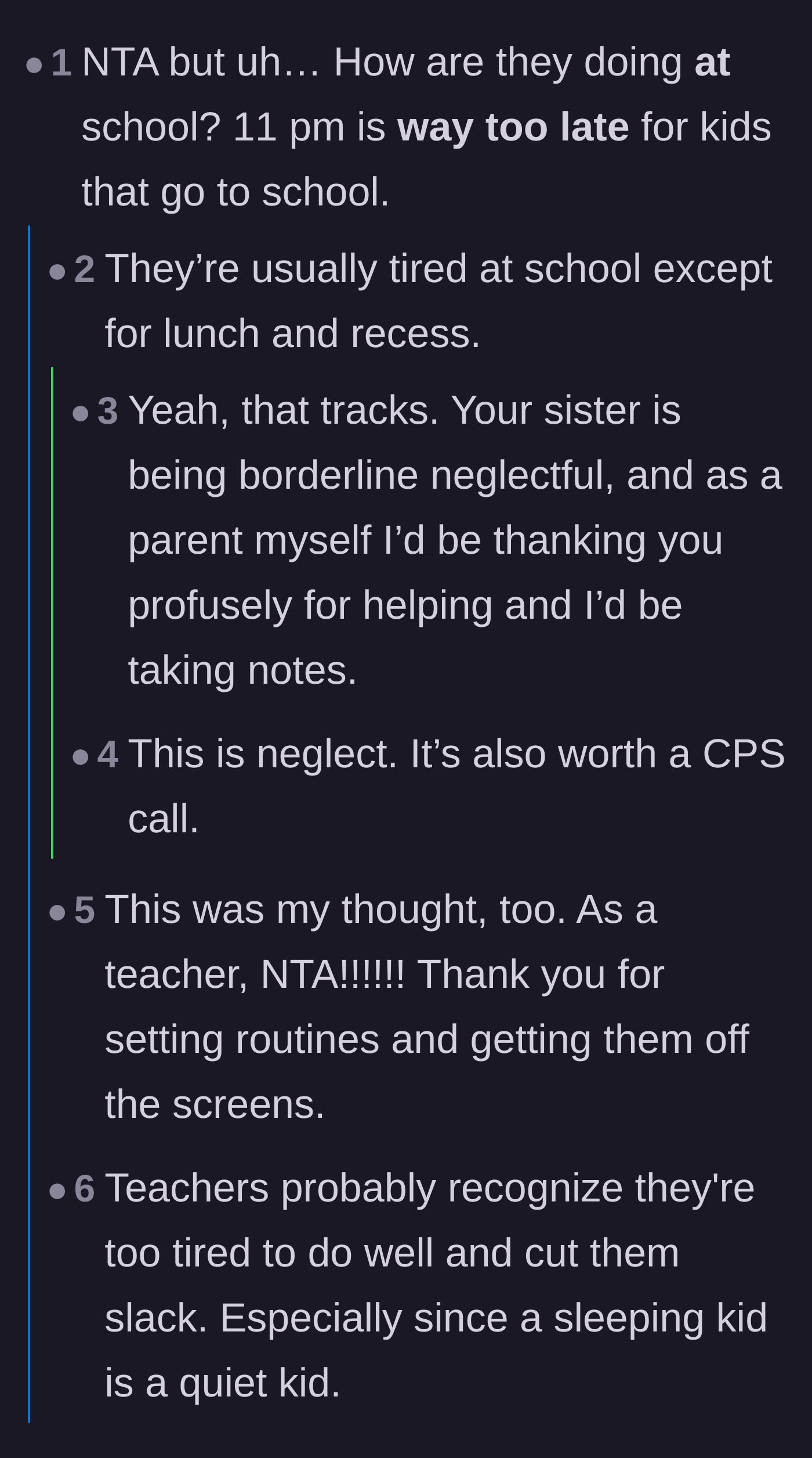 Comment thread 4 - A discussion among teachers and parents about how an 11 PM bedtime is borderline neglectful for school-aged kids.