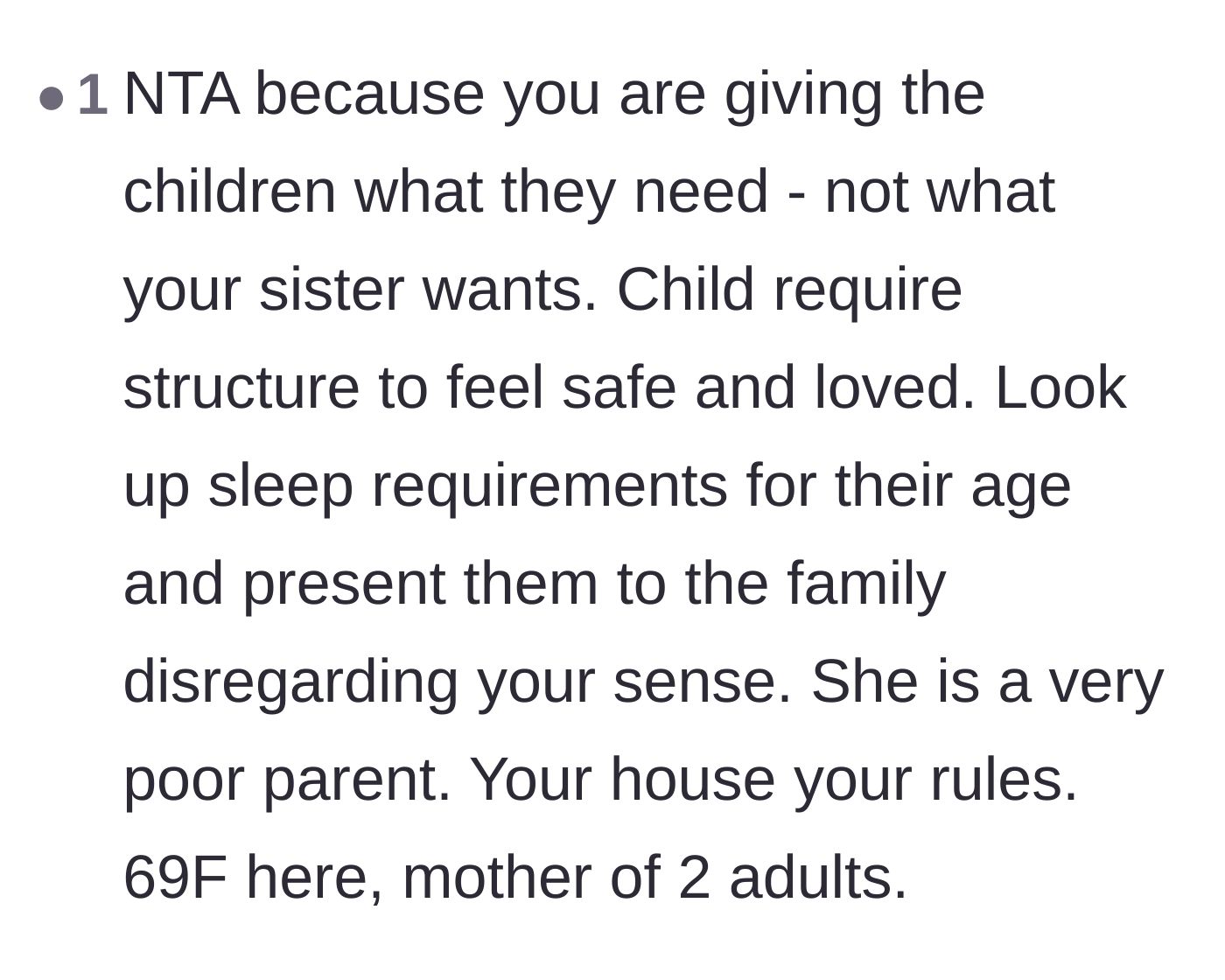 Comment thread 5 - A veteran mother advising the host to ignore the sister and focus on actual pediatric sleep requirements.