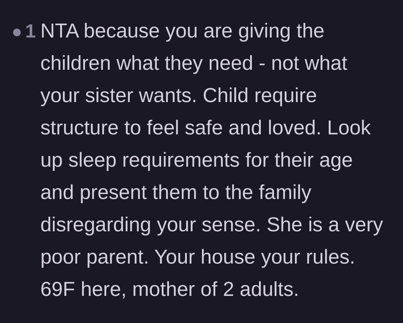Comment thread 5 - A veteran mother advising the host to ignore the sister and focus on actual pediatric sleep requirements.