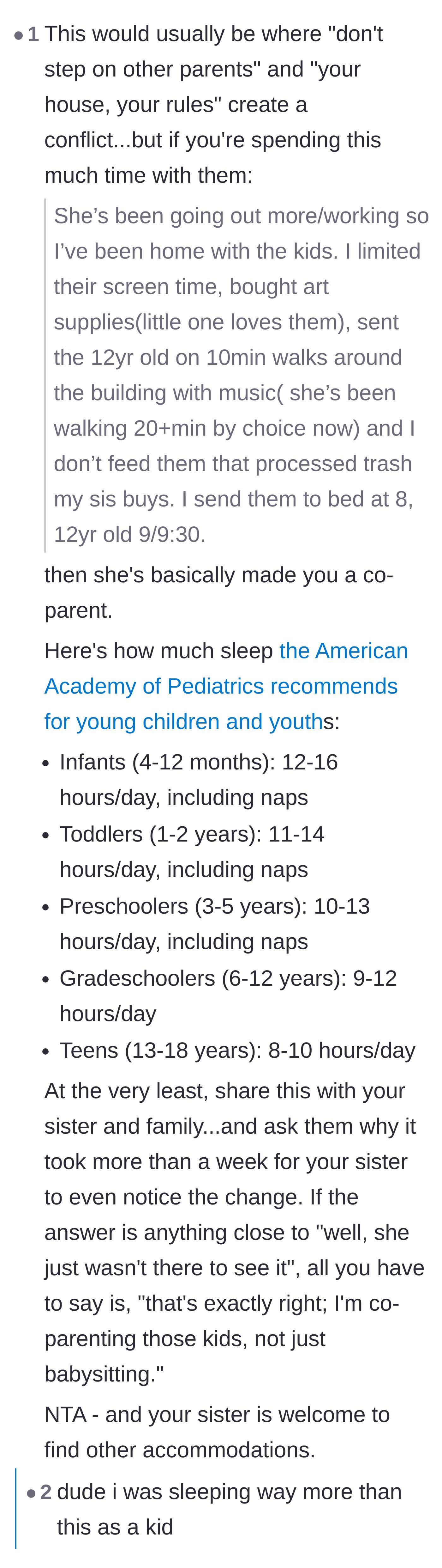 Comment thread 6 - A detailed breakdown of sleep guidelines proving the host is effectively an unpaid co-parent.