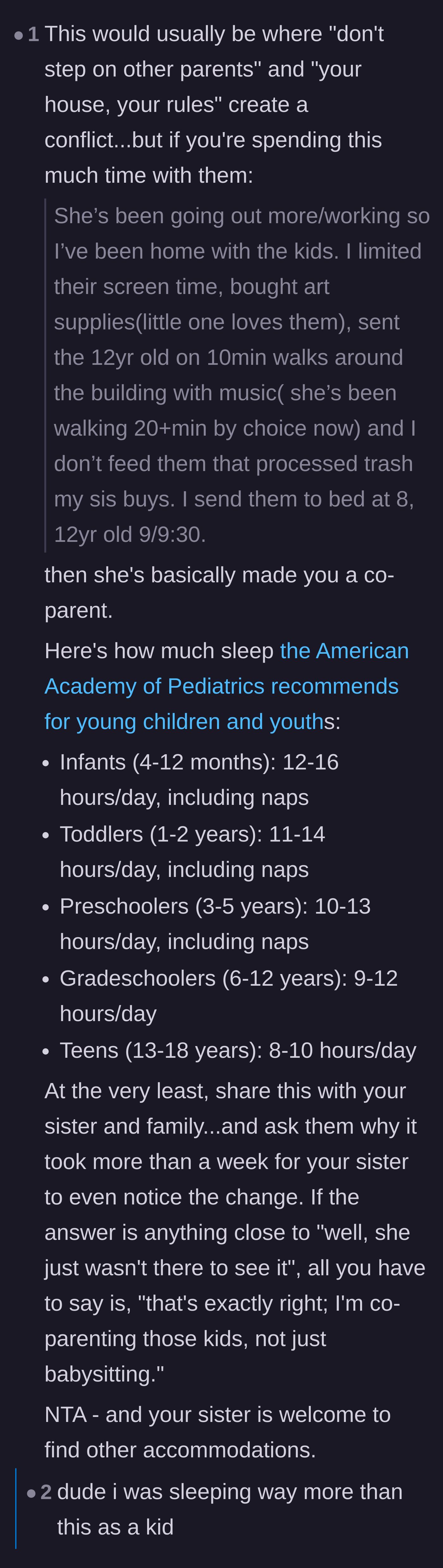 Comment thread 6 - A detailed breakdown of sleep guidelines proving the host is effectively an unpaid co-parent.