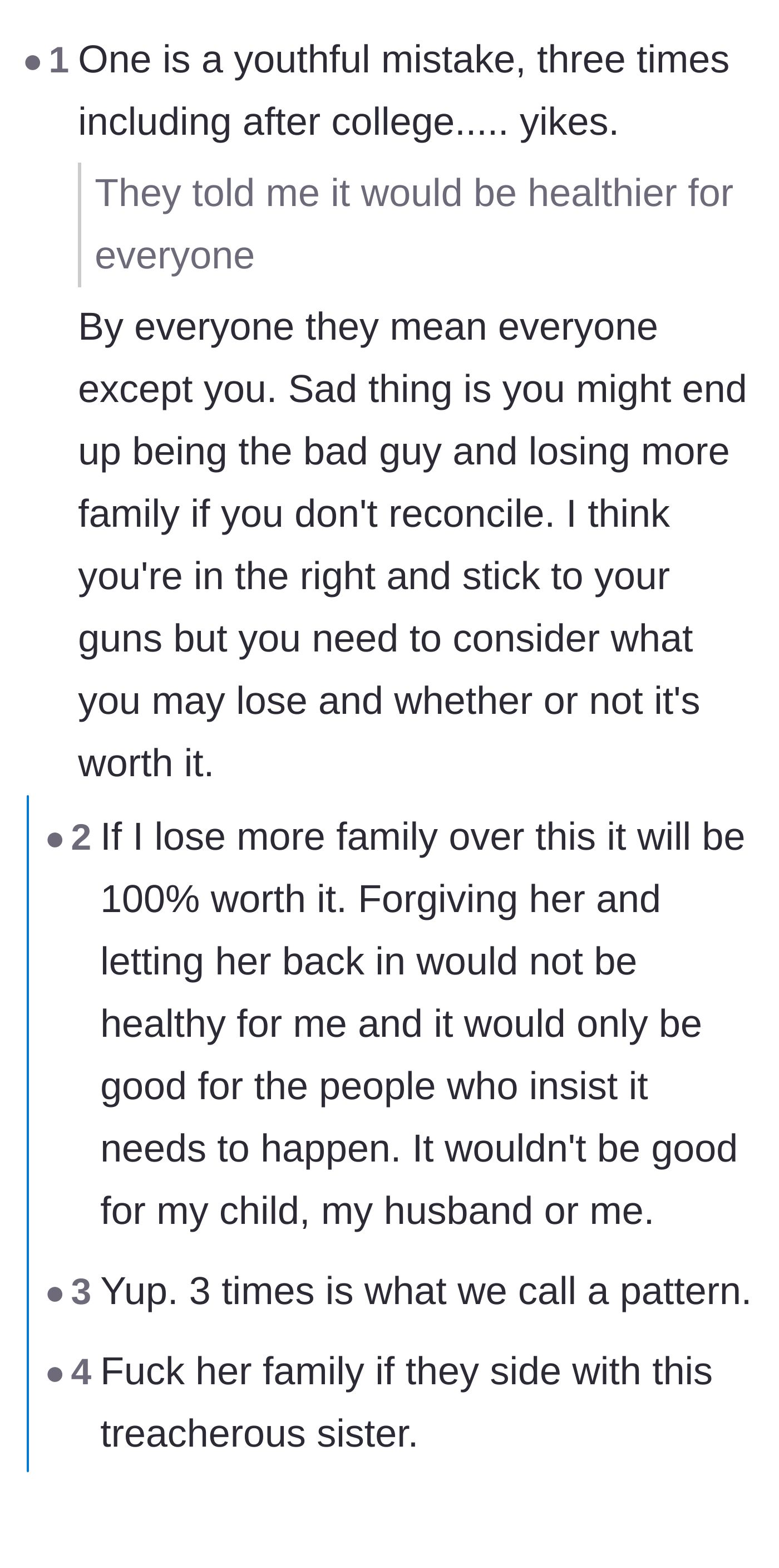 Comment thread 1 - Readers validating the author's boundaries and pointing out that family pressure to reconcile usually ignores the victim's well-being.