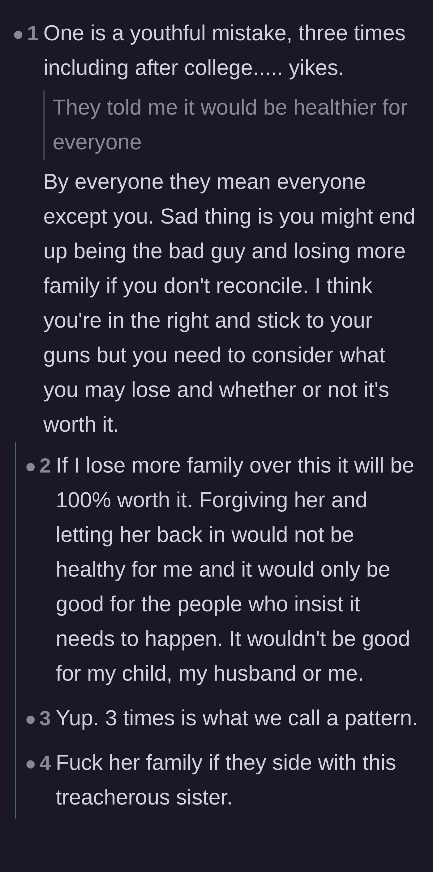 Comment thread 1 - Readers validating the author's boundaries and pointing out that family pressure to reconcile usually ignores the victim's well-being.