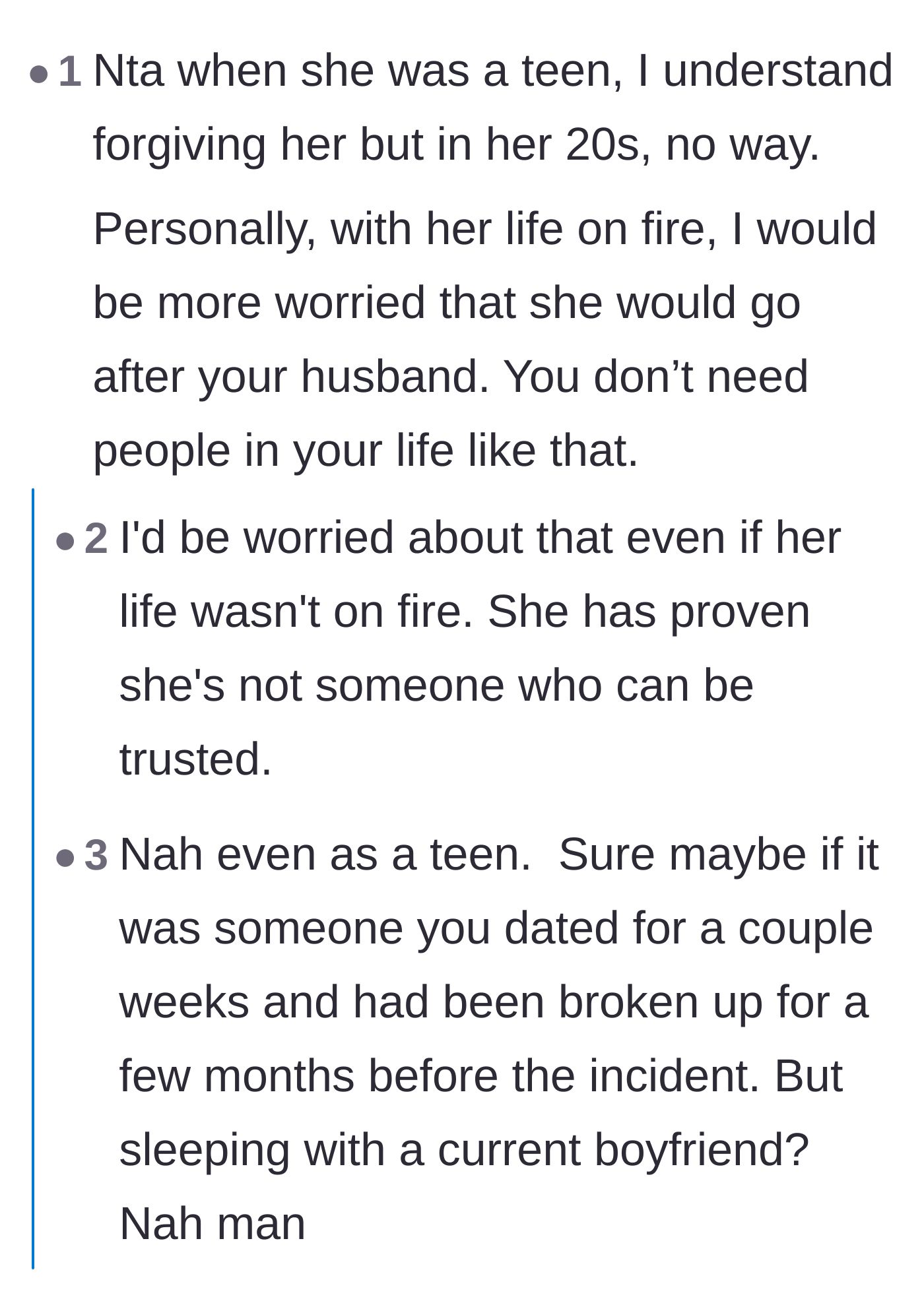 Comment thread 2 - A discussion about the ongoing lack of trust and the genuine fear that the sister would target the author's husband next.