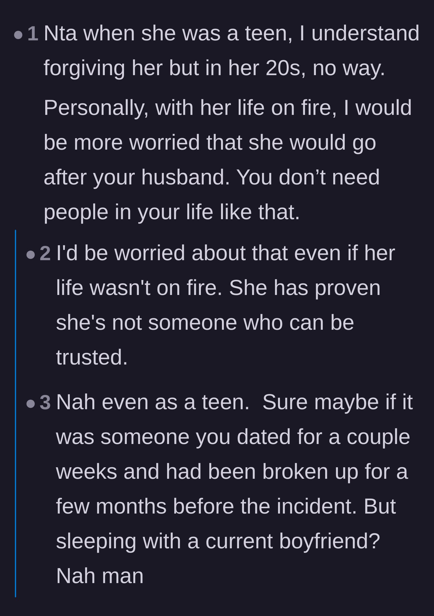 Comment thread 2 - A discussion about the ongoing lack of trust and the genuine fear that the sister would target the author's husband next.