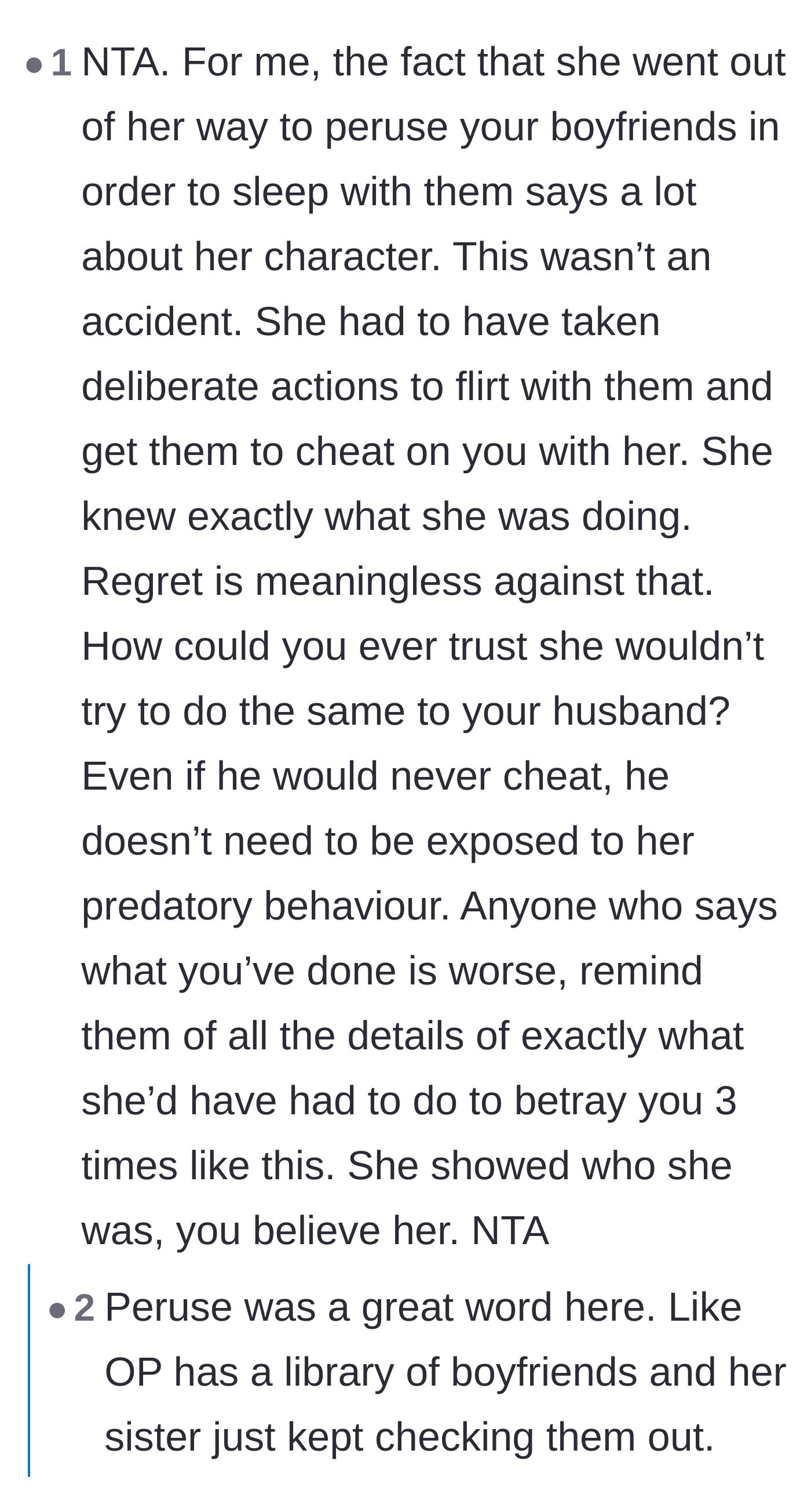 Comment thread 3 - Commenters analyzing the sister's predatory behavior and how her actions were deliberate, repeated choices rather than accidents.