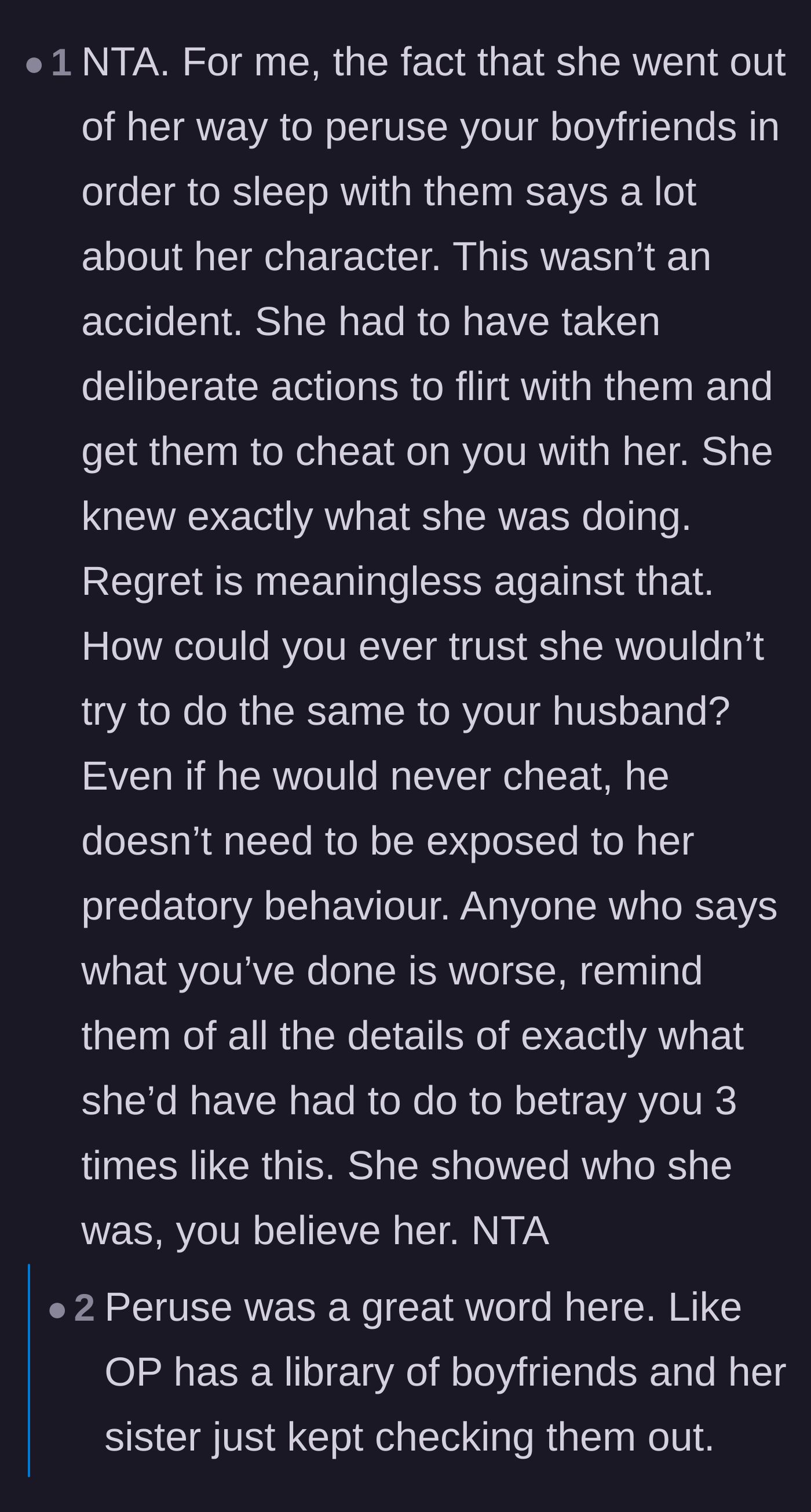 Comment thread 3 - Commenters analyzing the sister's predatory behavior and how her actions were deliberate, repeated choices rather than accidents.