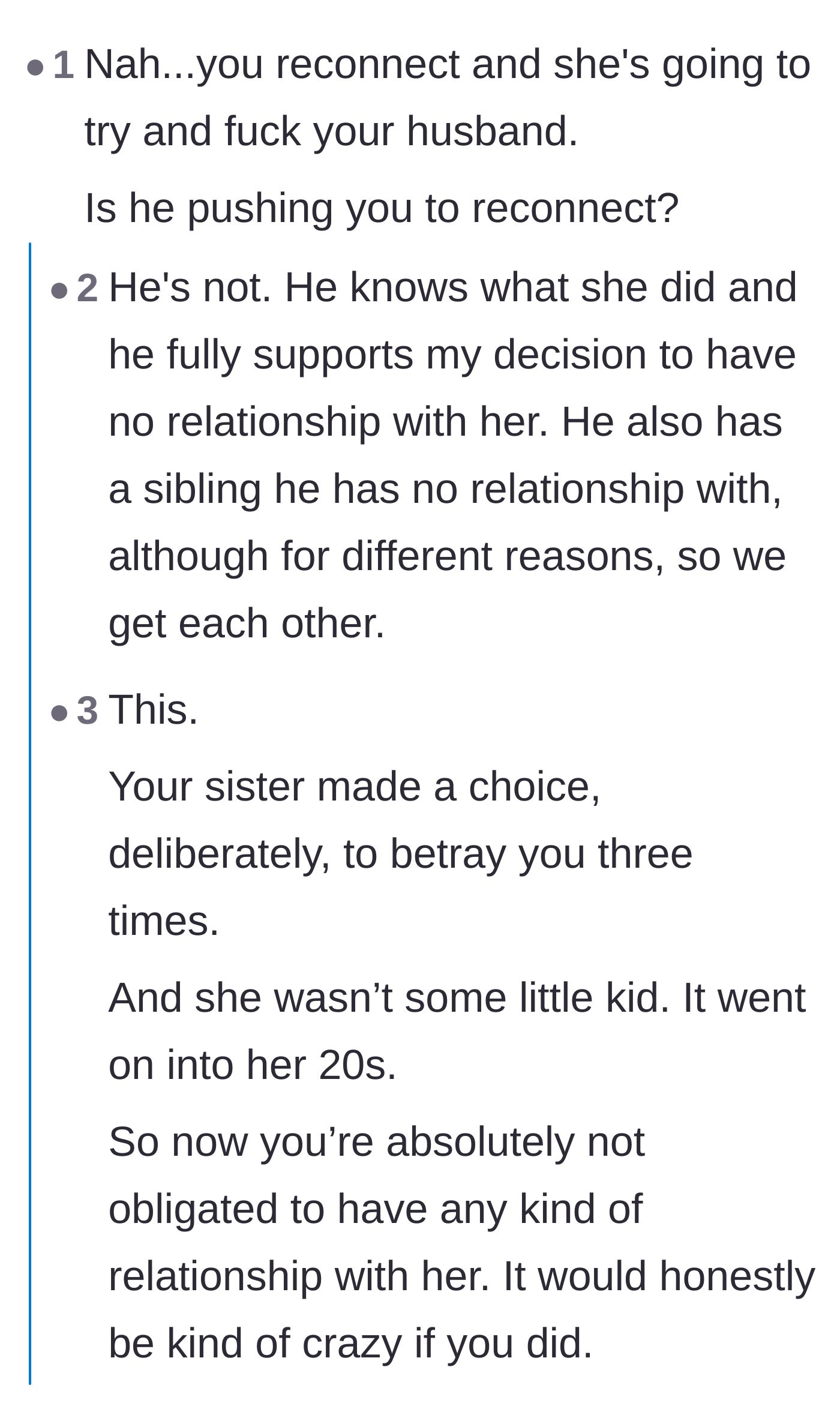 Comment thread 4 - A conversation confirming the author's husband fully supports her boundary and shares a similar experience with family estrangement.