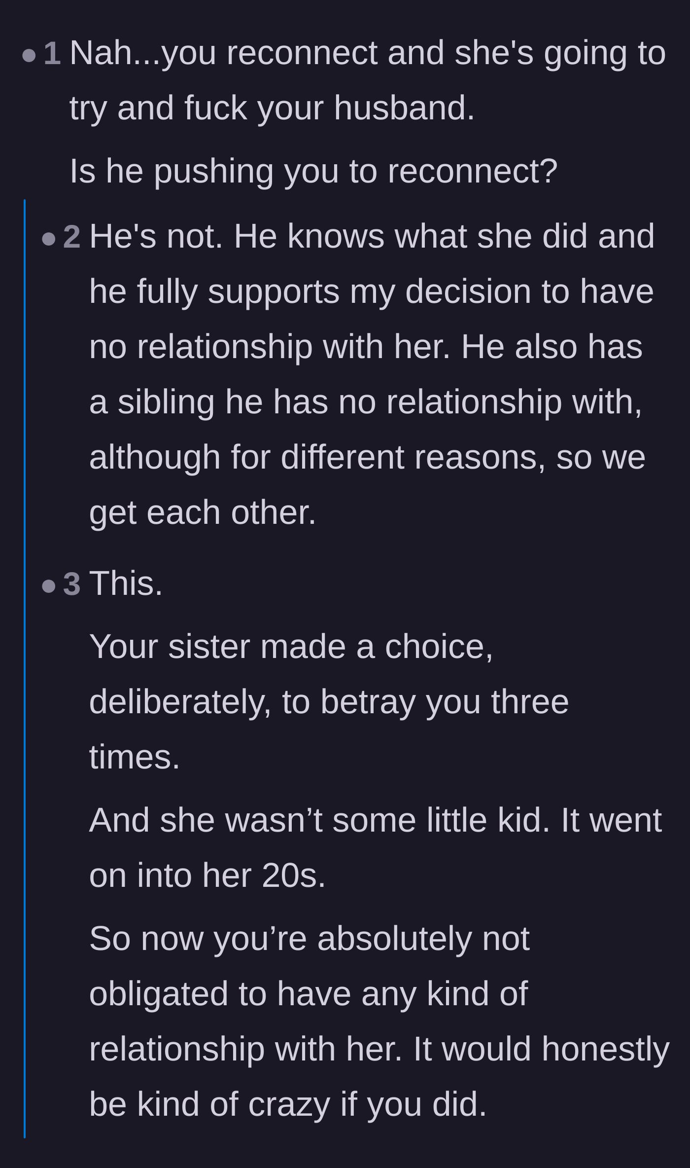 Comment thread 4 - A conversation confirming the author's husband fully supports her boundary and shares a similar experience with family estrangement.