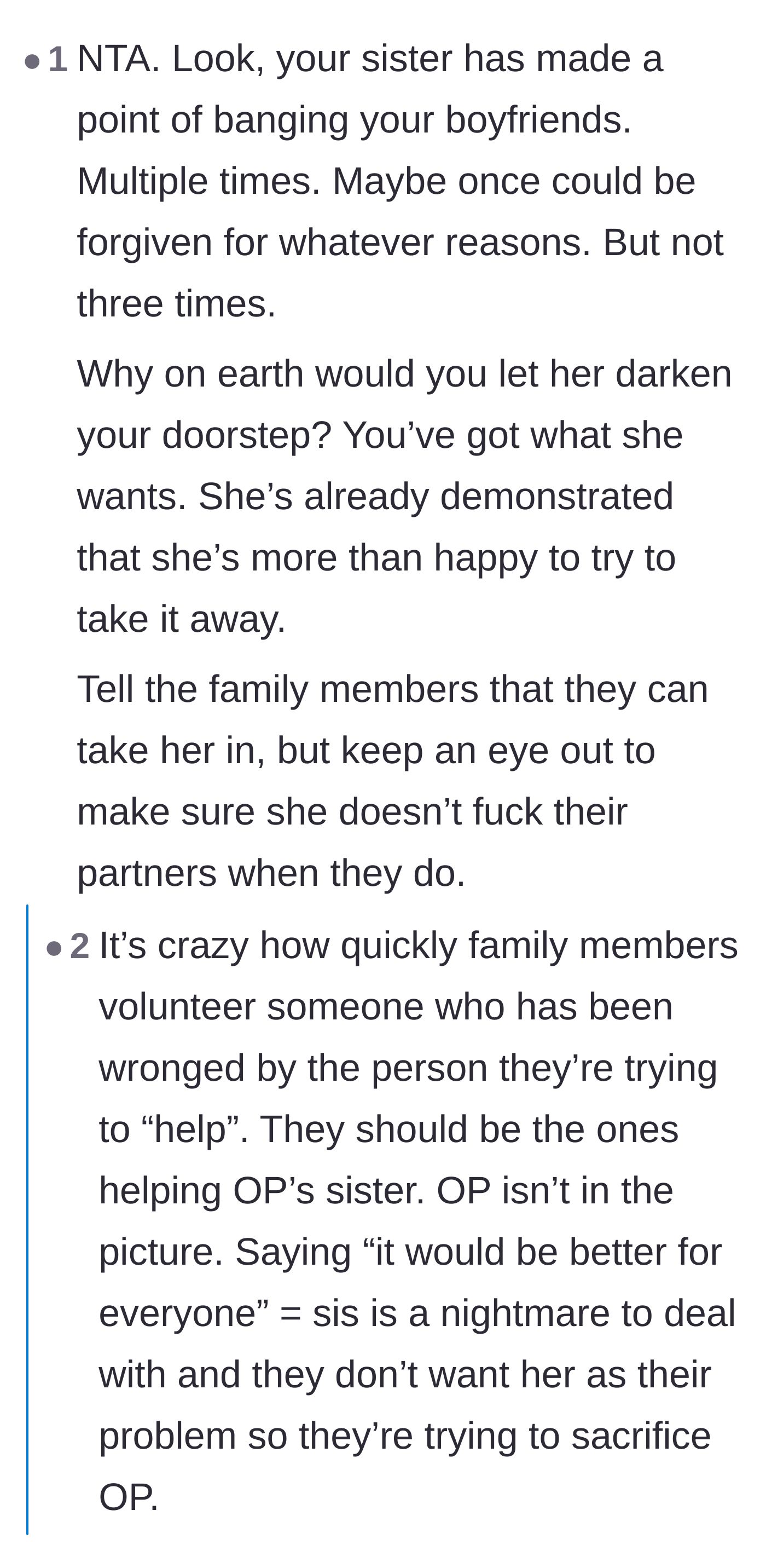 Comment thread 5 - Readers pointing out the hypocrisy of the extended family wanting the author to manage her sister's messy life so they don't have to.