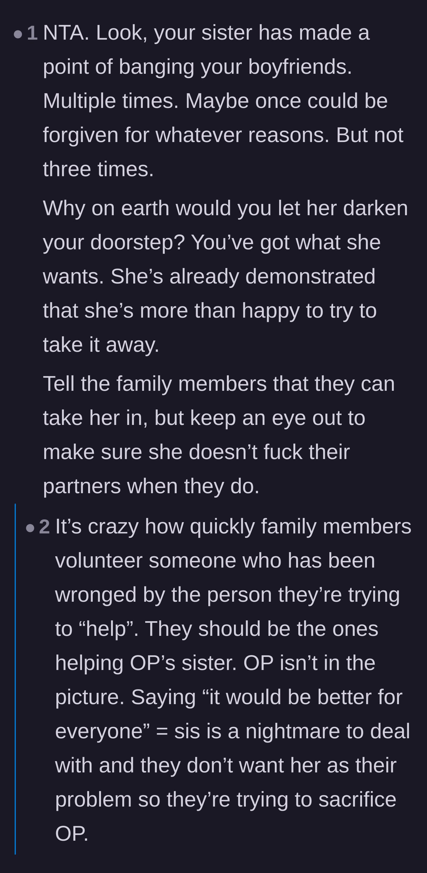 Comment thread 5 - Readers pointing out the hypocrisy of the extended family wanting the author to manage her sister's messy life so they don't have to.
