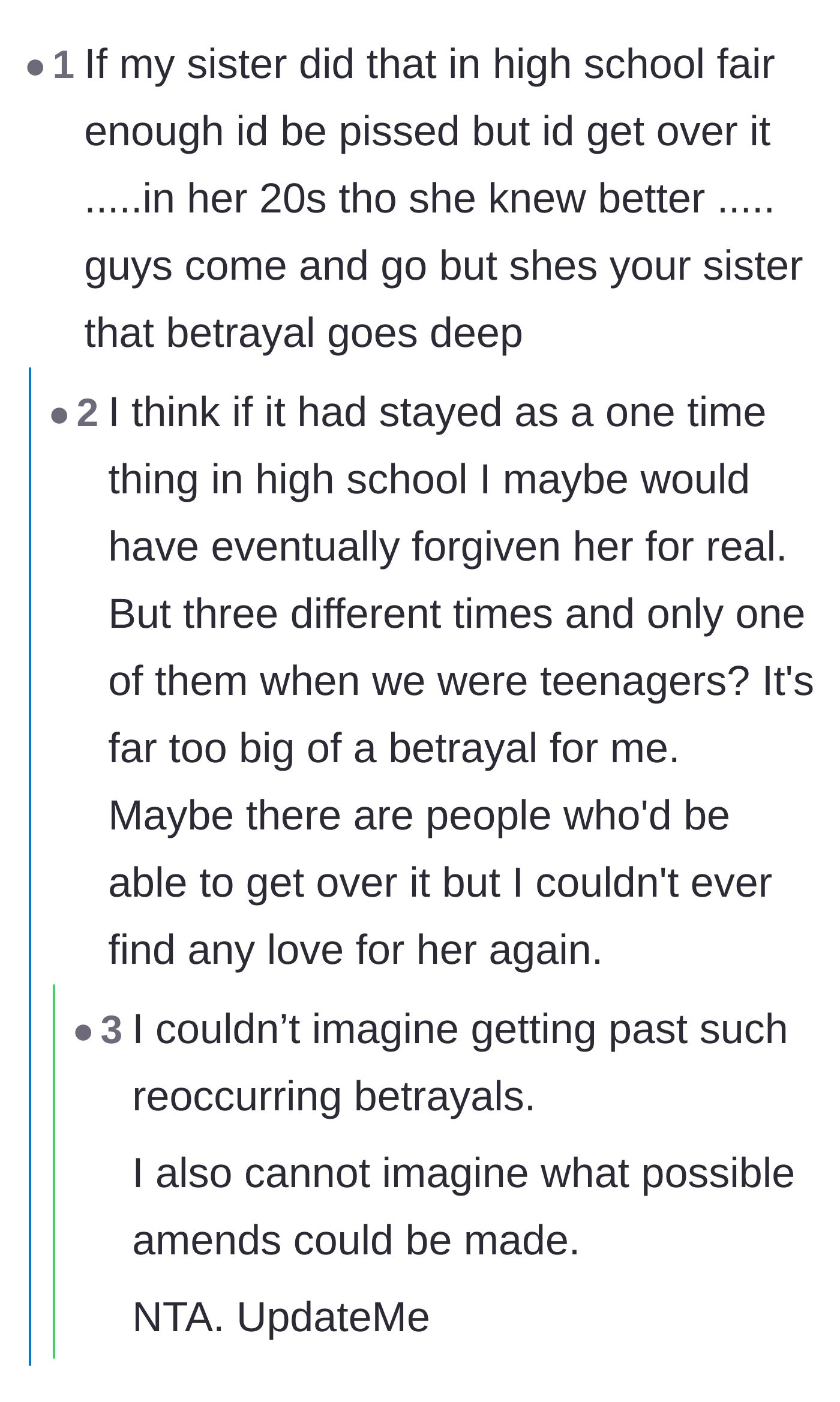 Comment thread 6 - The author explaining how the repeated nature of the betrayals over the years completely destroyed her love for her sister.