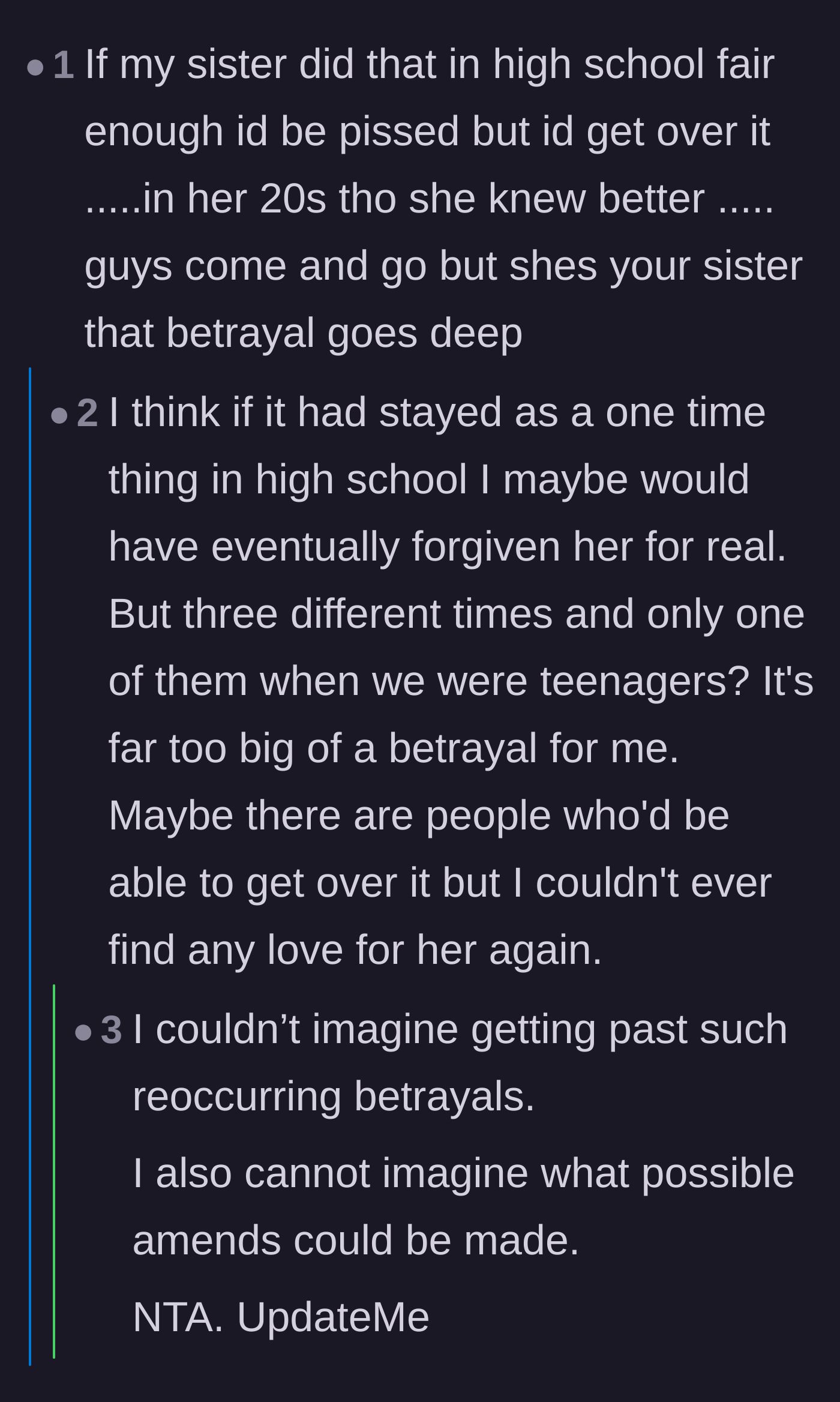 Comment thread 6 - The author explaining how the repeated nature of the betrayals over the years completely destroyed her love for her sister.