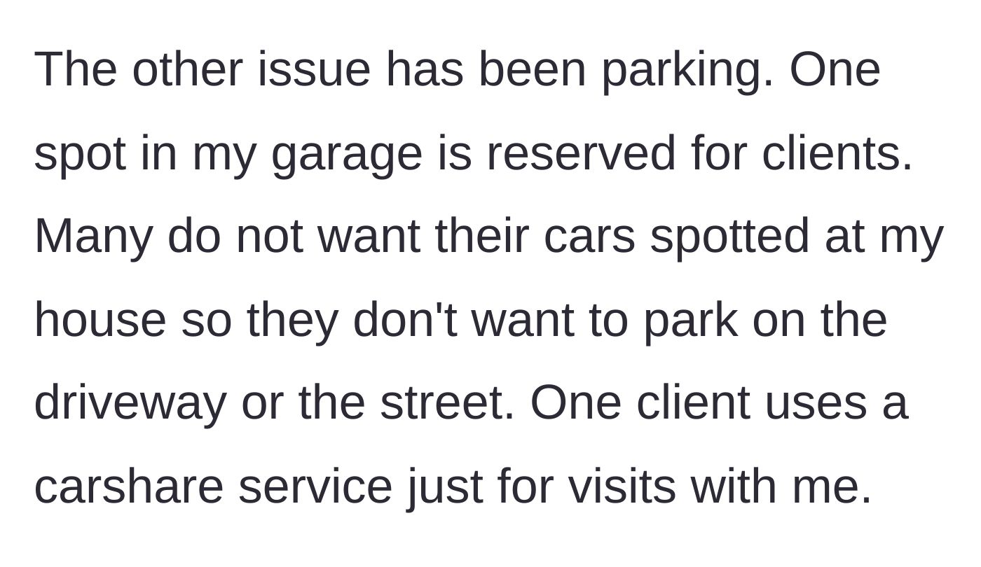 Story part 11 - The ongoing conflict regarding driveway space and preserving client parking.