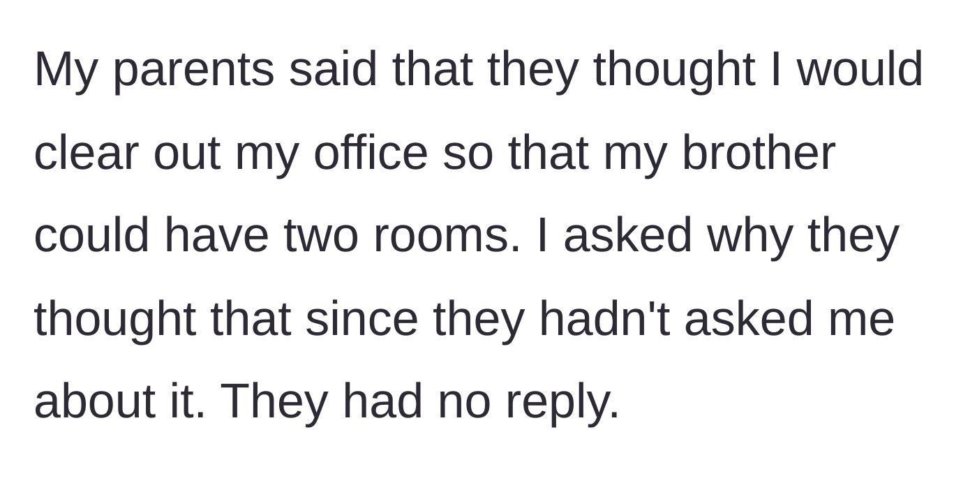 Story part 8 - The homeowner confronting the parents' silent assumption that the upstairs office would be dismantled.