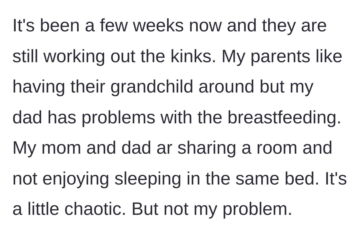 Story part 9 - The chaotic, cramped living situation unfolding in the basement among the parents and the new family.