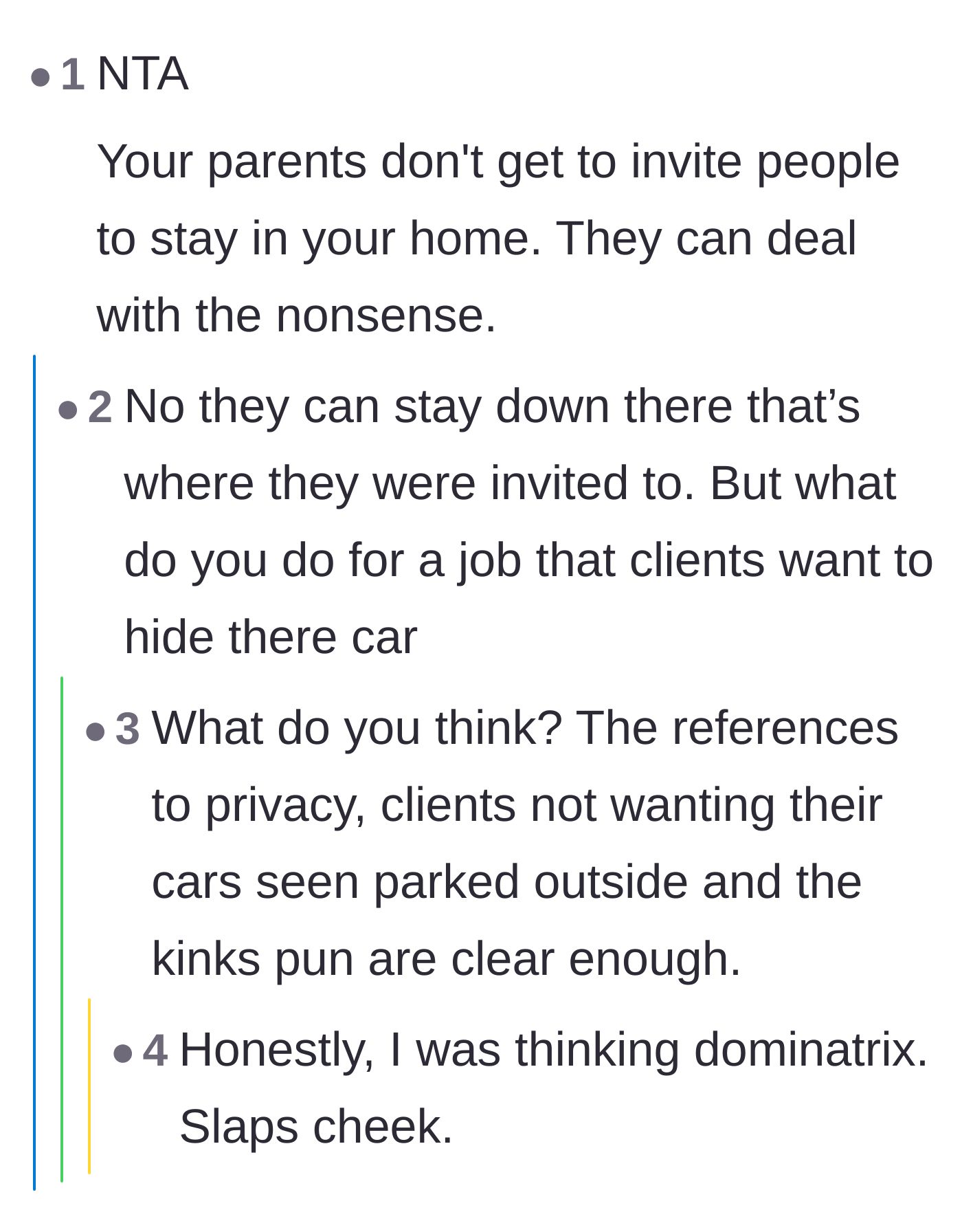 Comment thread 1 - Readers pointing out the parents' overreach while wildly speculating about the homeowner's secretive profession.